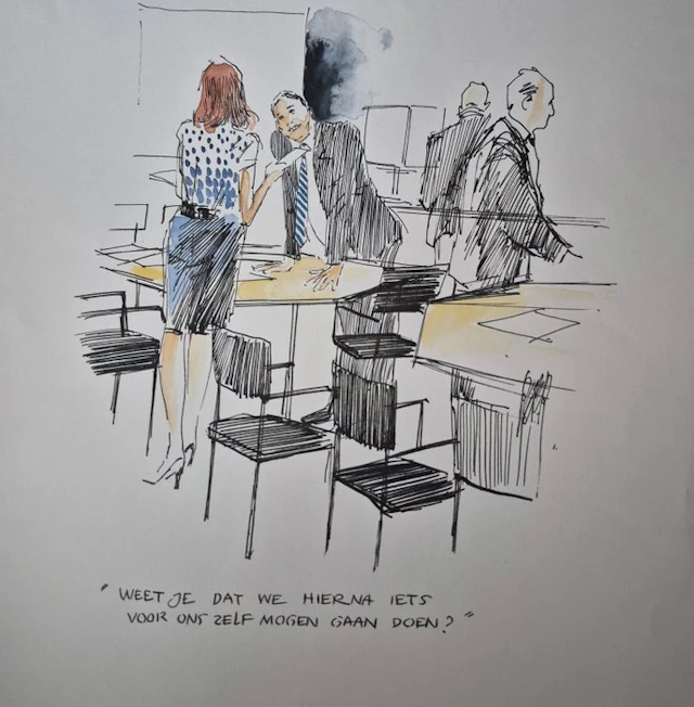 Peter van Straaten - 1 Original colour drawing - kantoor...