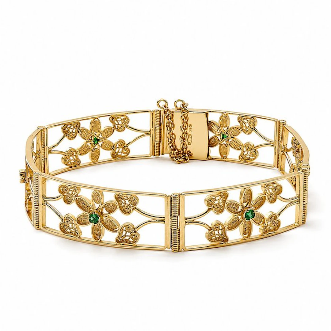 Bracelet - 18 kt. Yellow gold - 0.16ct. tw. Emerald - Made in Italy - Handmade