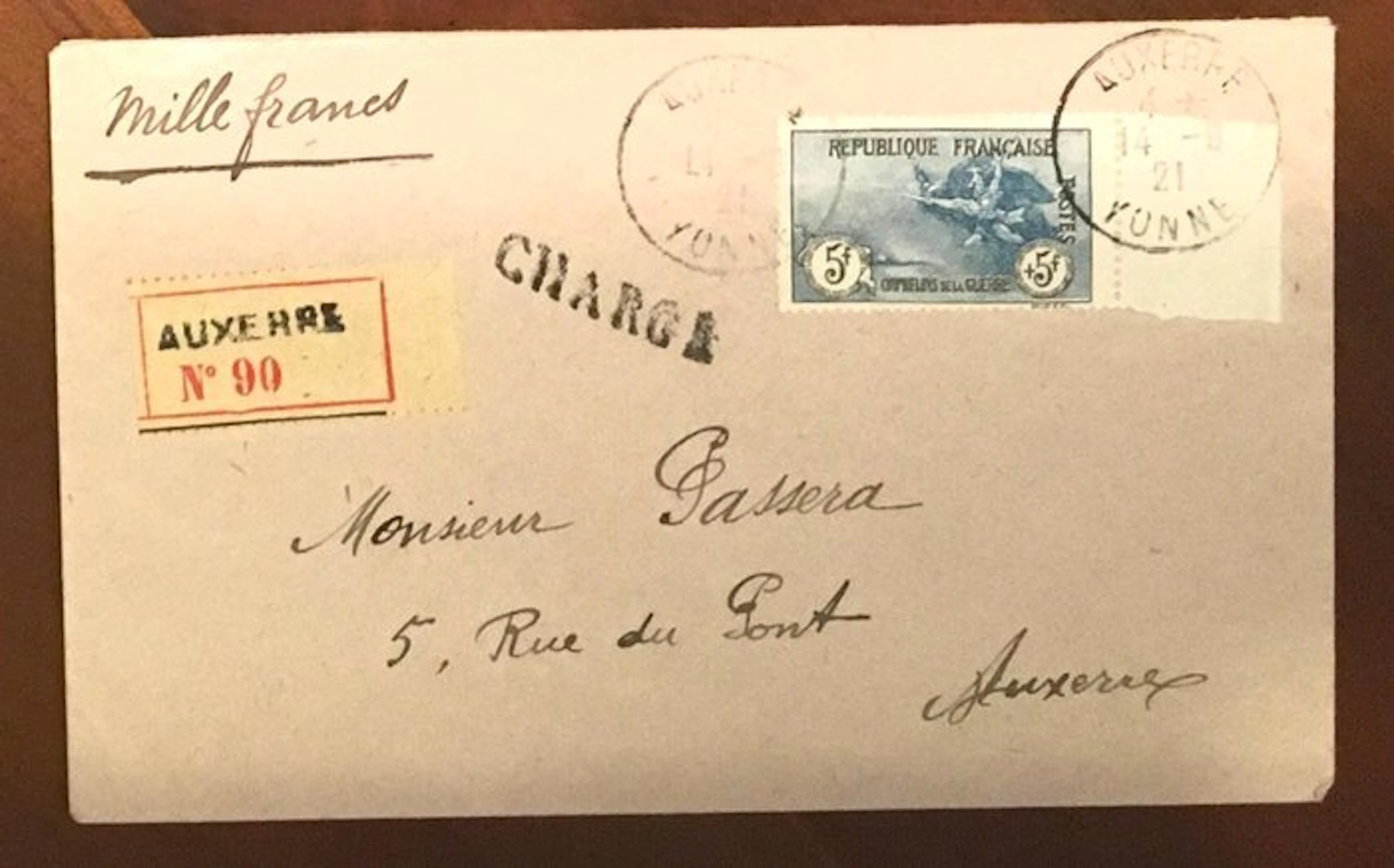France 1921 - Edge-of-page orphans on a registered letter. - YT155
