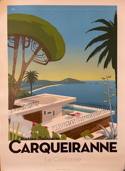 Vieille Affiche Publicitaire Originale De Carqueiranne - Poster Rétro Multicolore En Papier