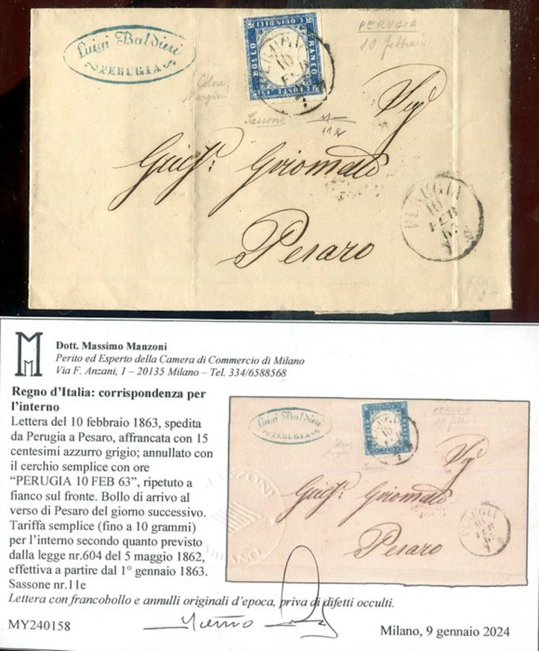 Italy Kingdom 1863 - 15 centesimi 'Sardo type' in the rare color 'blue-gray'