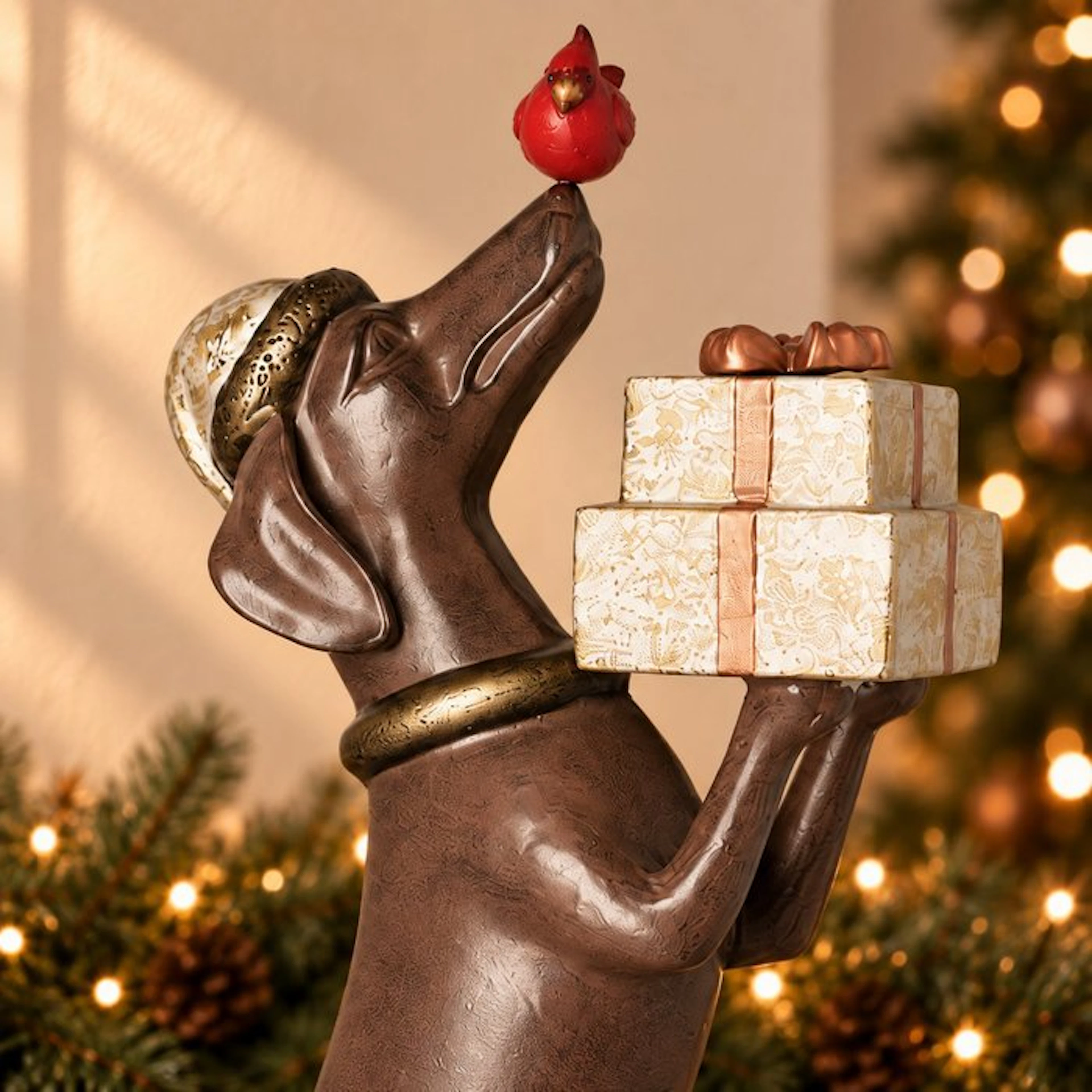 Sculpture, Teckel with christmas gifts - 59 cm - Aluminium