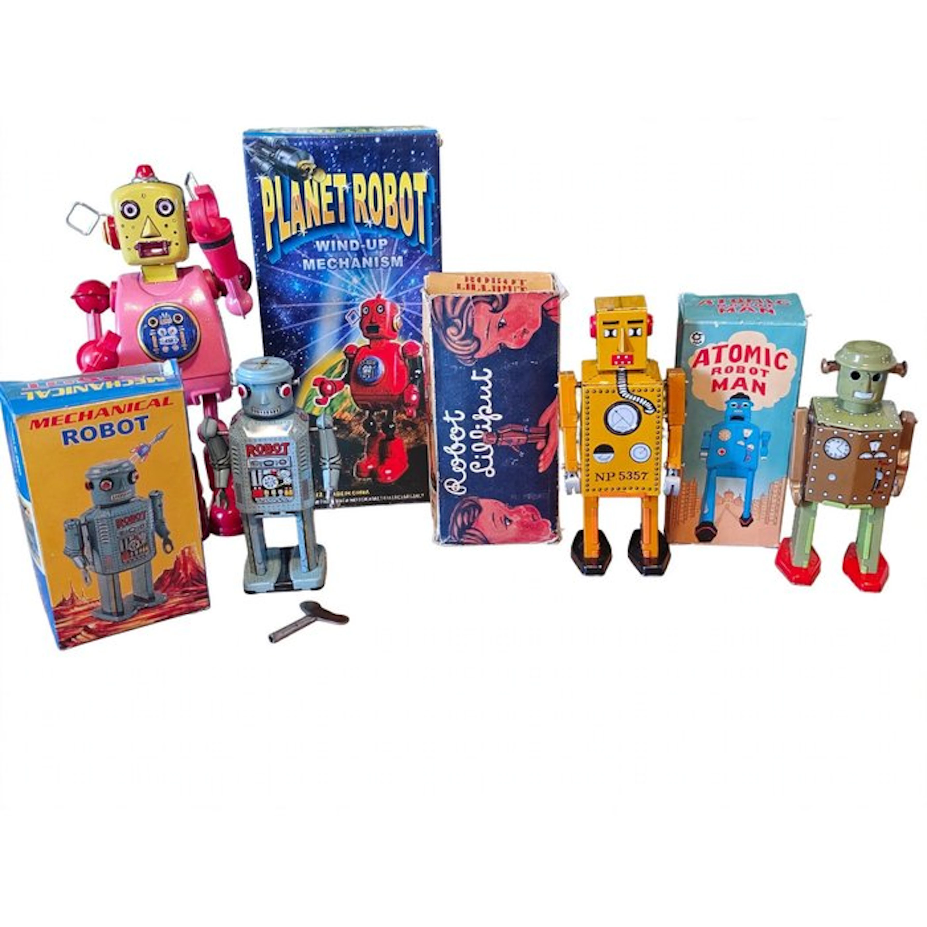 Set van 4 Vintage Blikken Robots met Originele Doosjes - Wind-up - Planet Robot