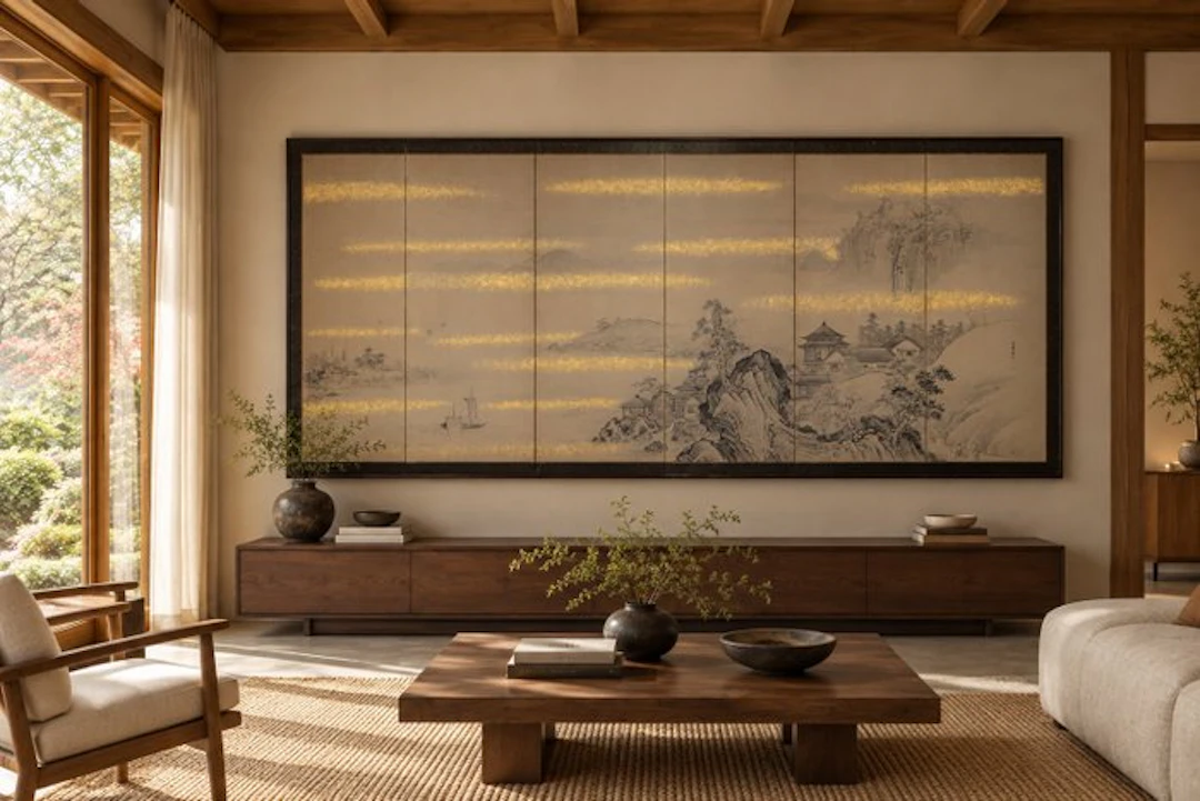 A stunning gold sand six-panel folding screen landscape...