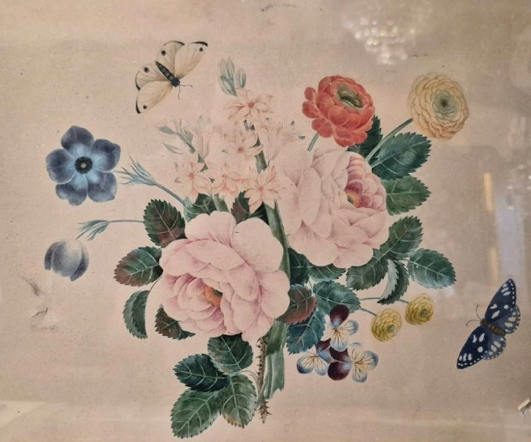 French school (XIX) - Mazzo di fiori con farfalle