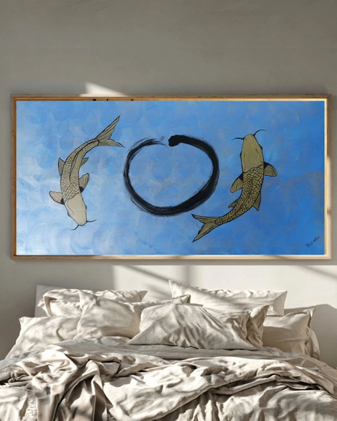 Ksavera - Japanese enso and koi J546 - Silver blue painting on XXL canvas 210cm
