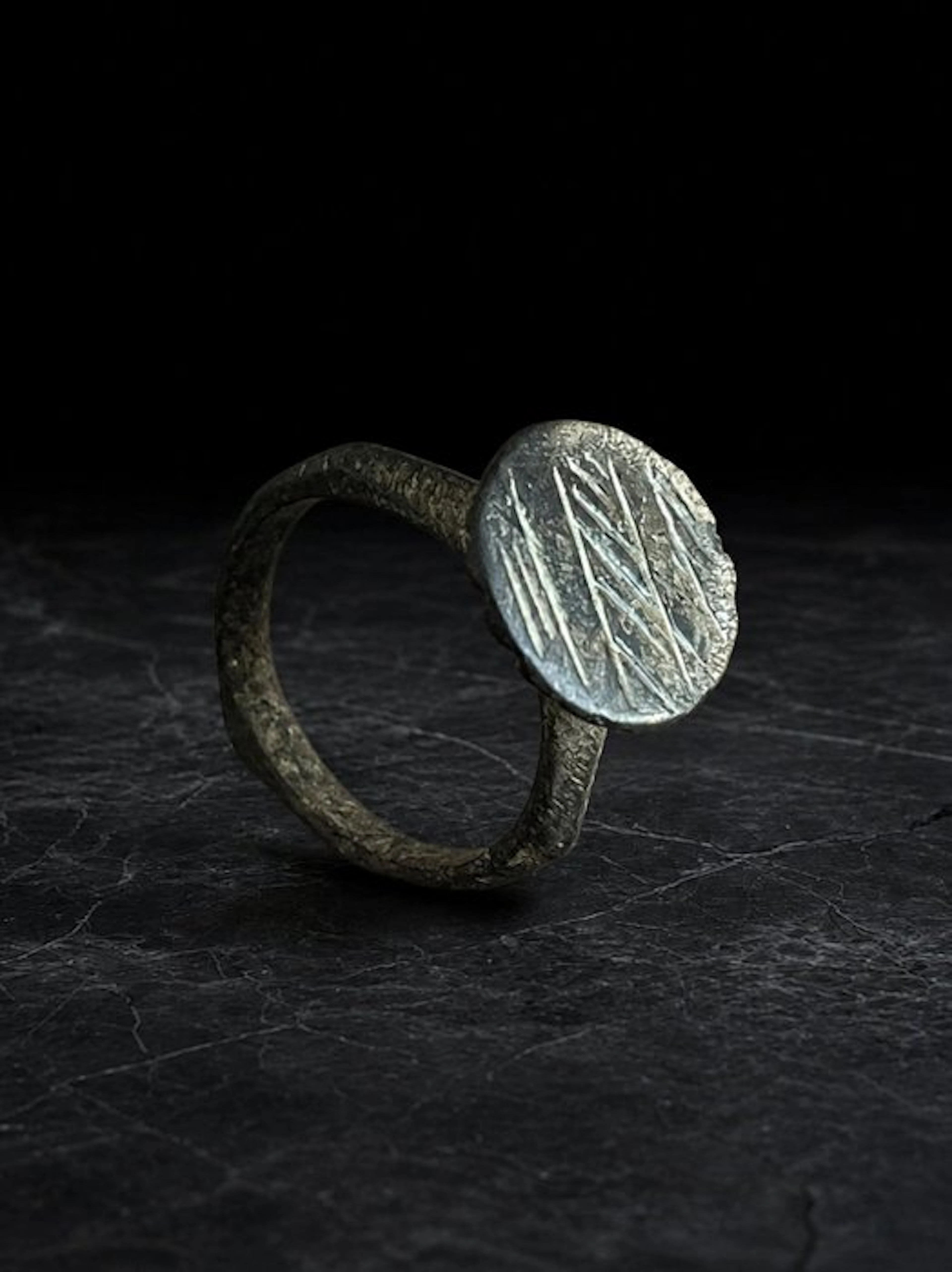 Byzantine Bronze Signet Ring with Geometric Engraving 7th...