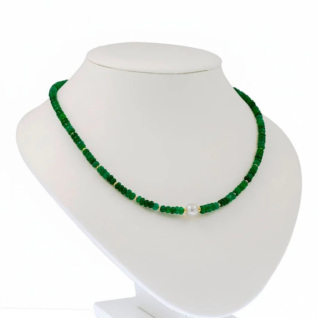 No reserve price - Necklace - 18 kt. Yellow gold Pearl - Emerald