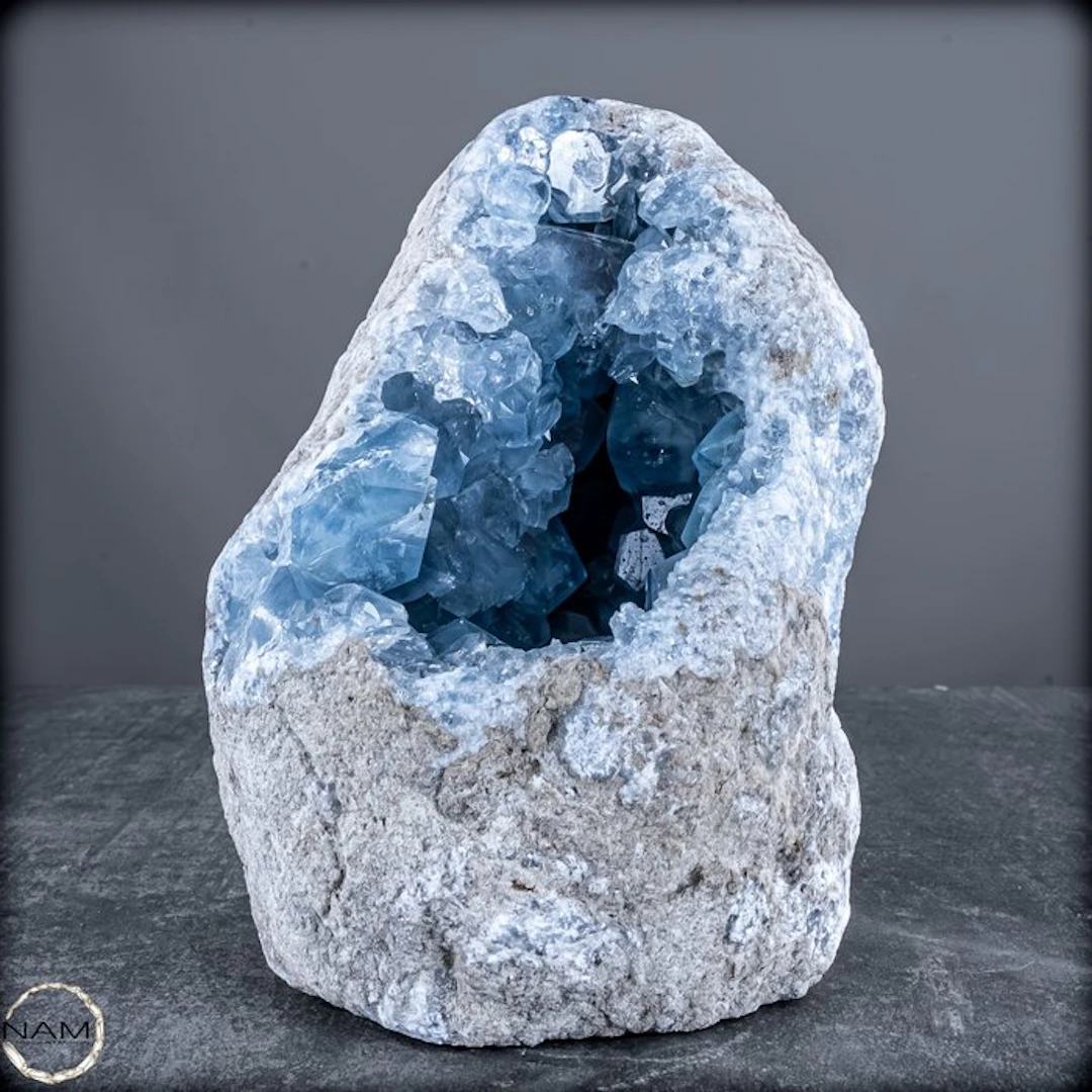 Natural celestite druses from Madagascar – a sky-blue...