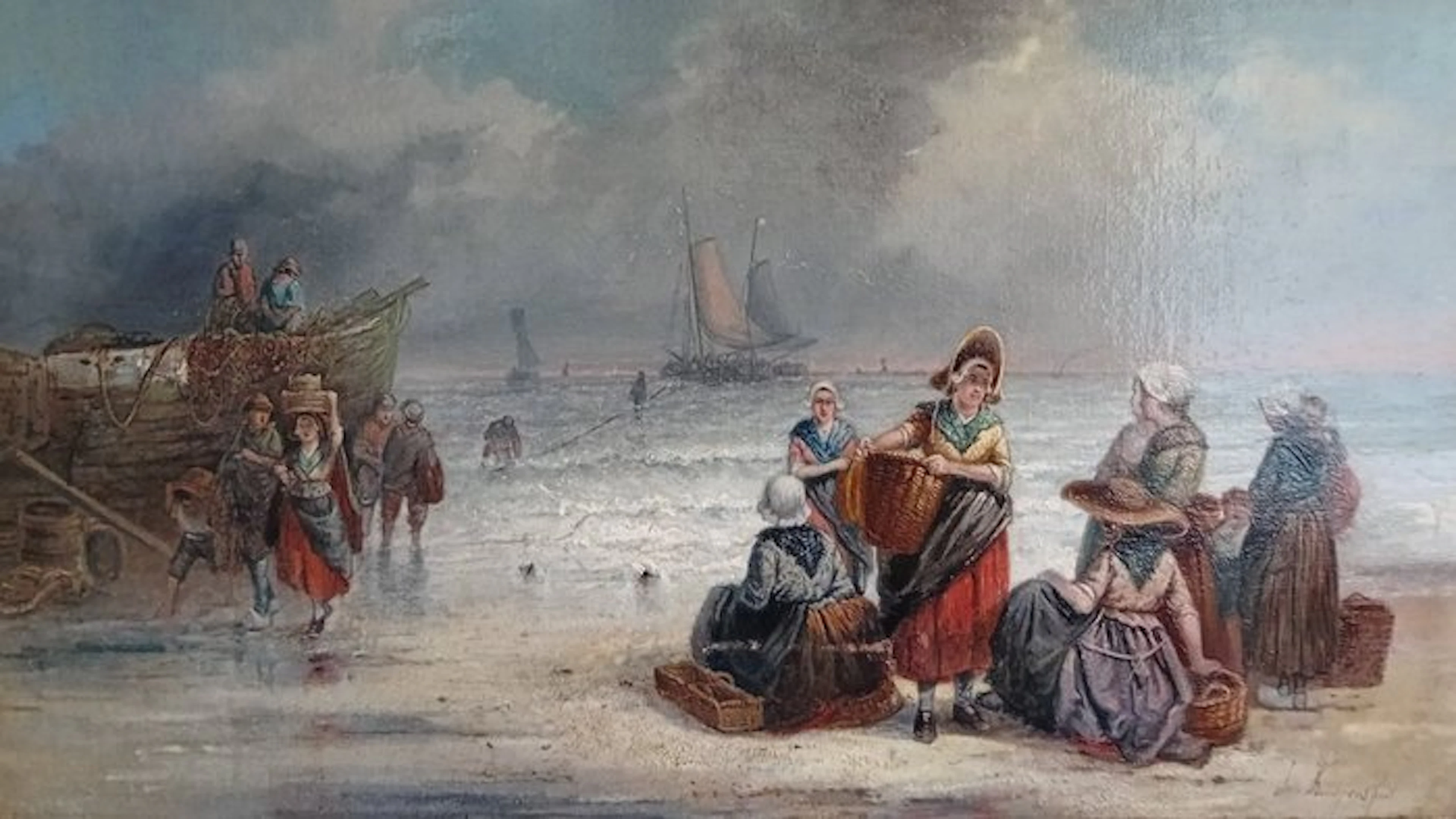 Jan Kuypers (1819-1892) - De visvangst, aan het strand met schepen en personen