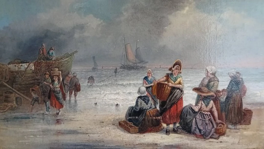 Jan Kuypers (1819-1892) - De visvangst, aan het strand met schepen en personen