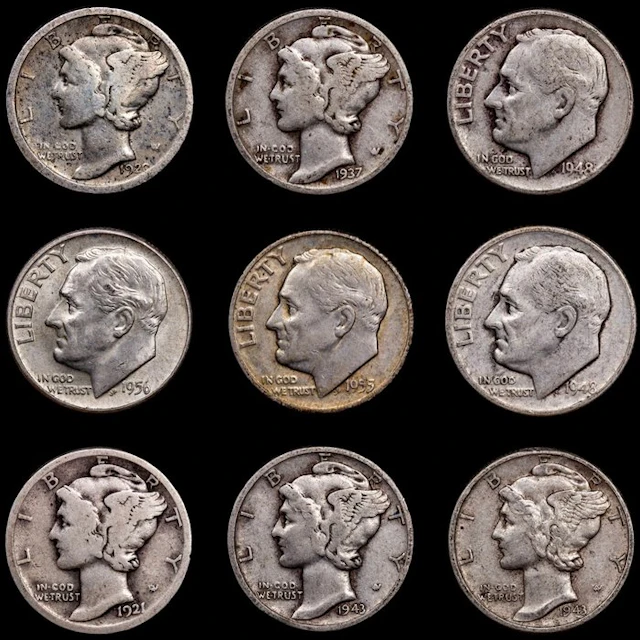 United States. One Dime 1920 -1956 / 9 Monedas (No reserve price)