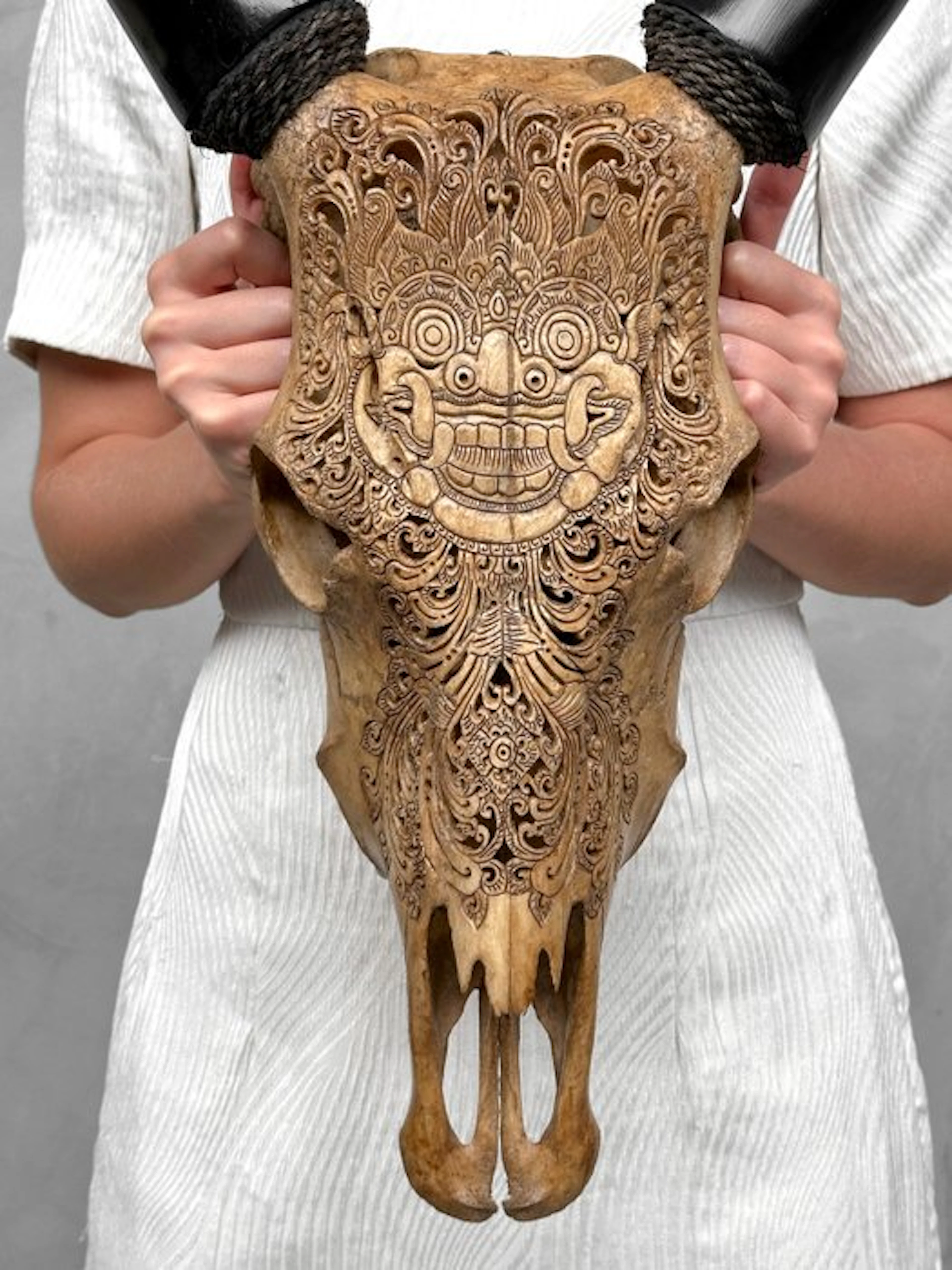 NO RESERVE PRICE - Authentic Brown Hand-Carved Cow Skull...