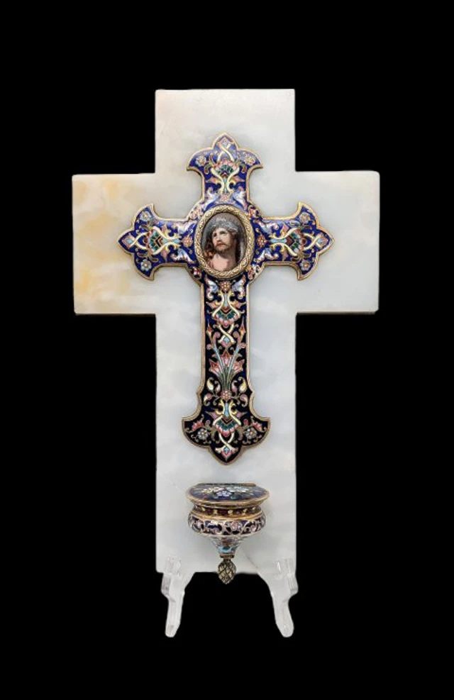 Antique Holy water font - Benitier : Marbre blanc & émail cloisonné