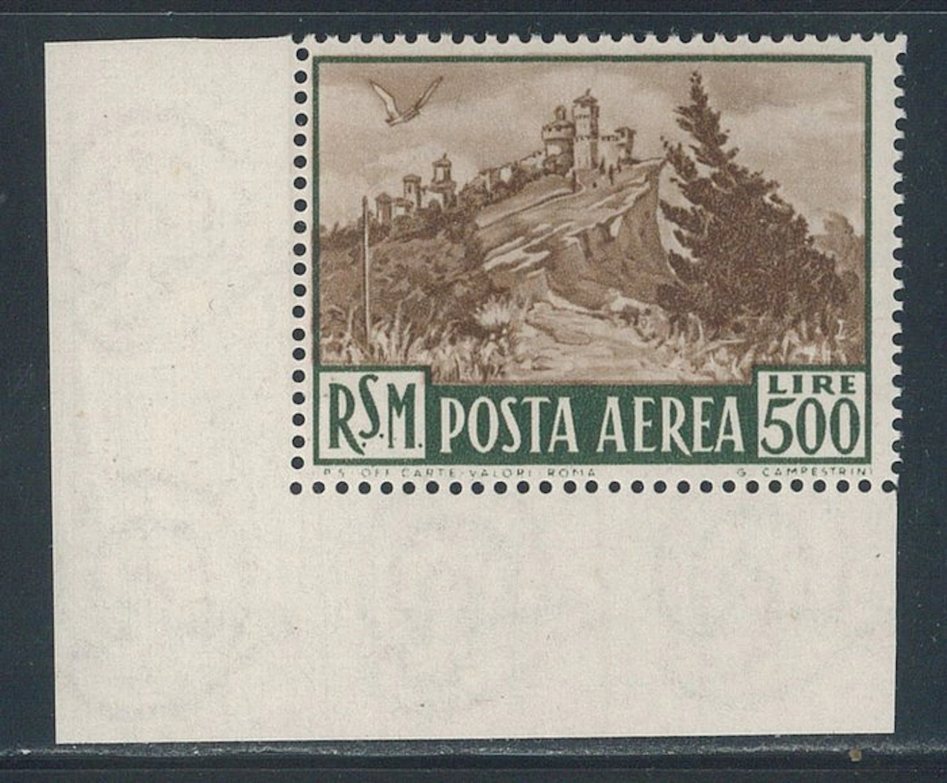 San Marino - View, 500 lire brown, P.A. No. 97, splendid corner of the sheet.