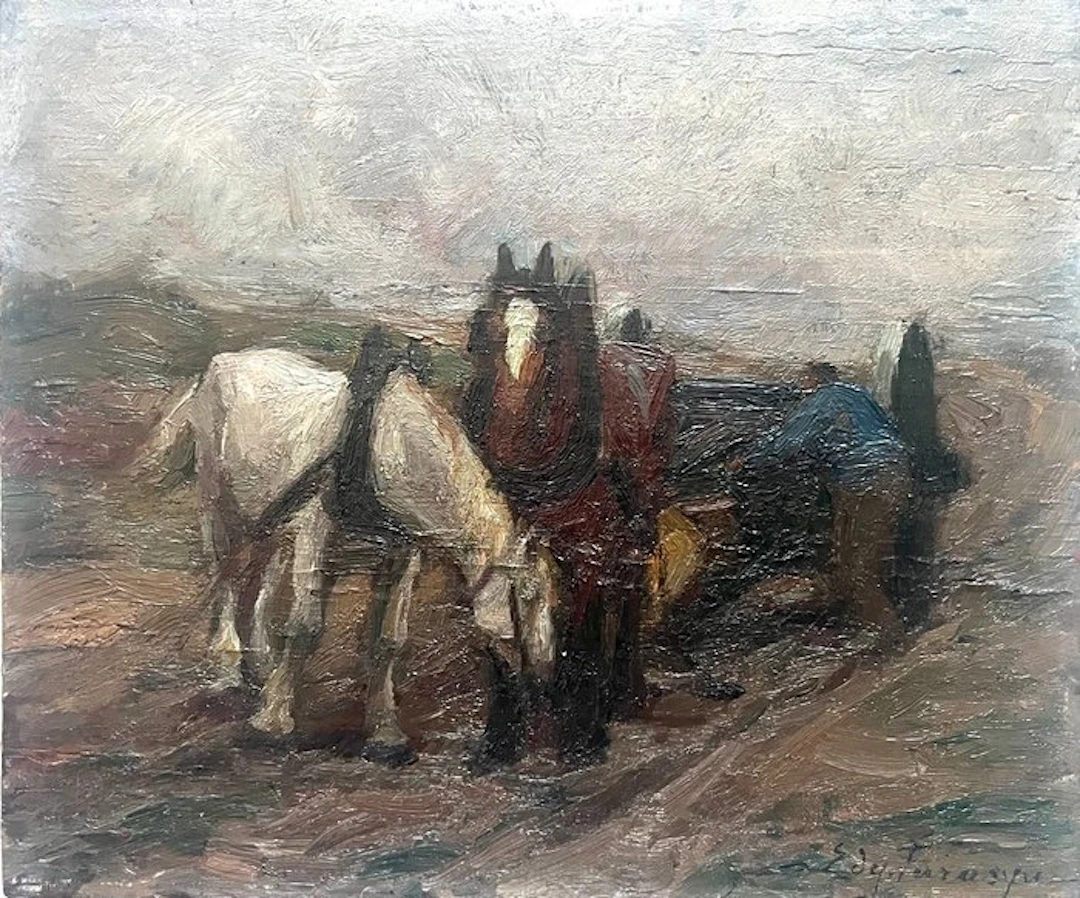 Edgard Farasyn (1858–1938) - Paarden met wagen in landelijk landschap