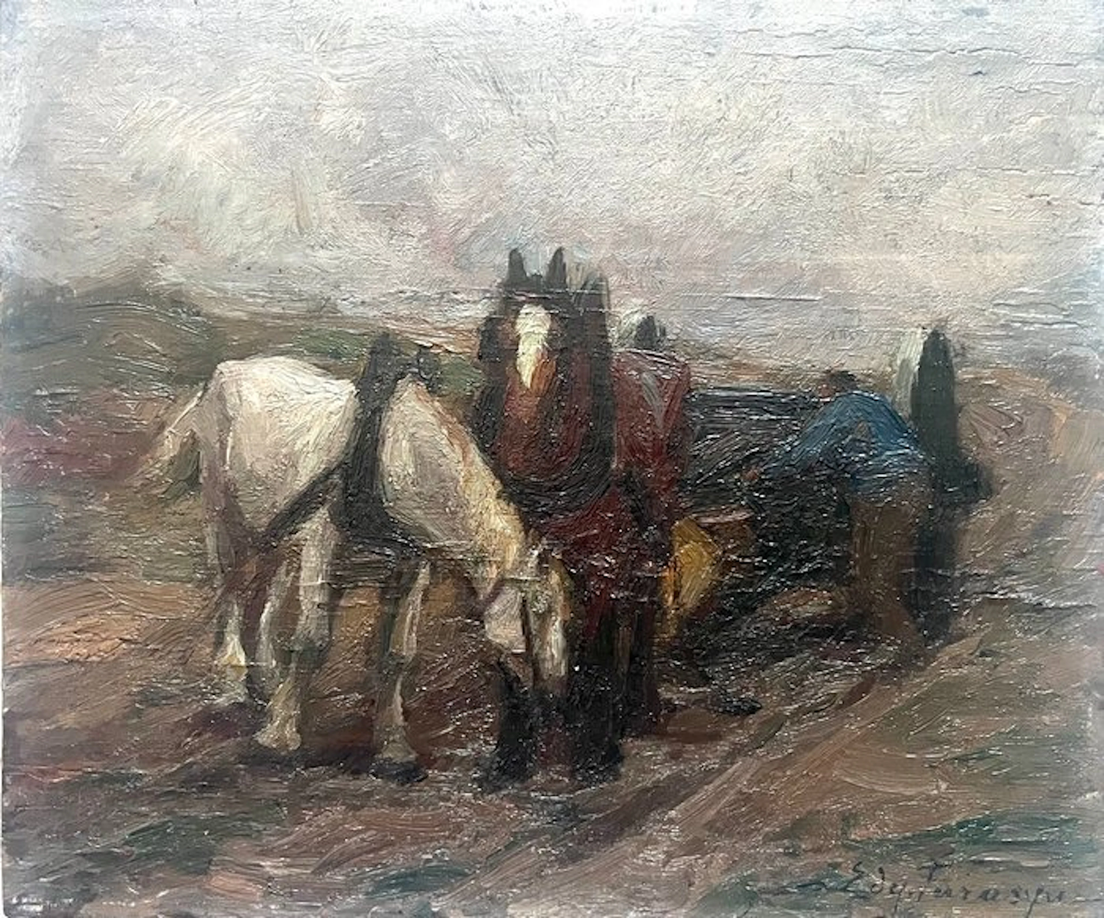 Edgard Farasyn (1858–1938) - Paarden met wagen in landelijk landschap