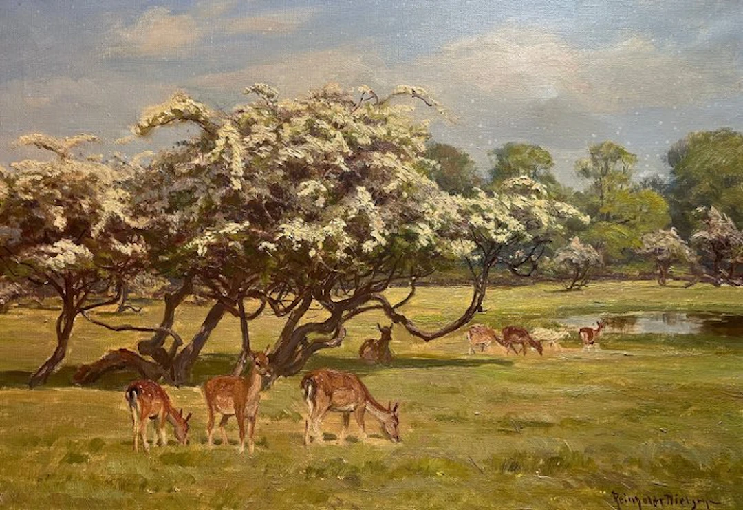 Knud Reinholdt Nielsen (1891–1984) - Damwild unter blühenden Bäumen