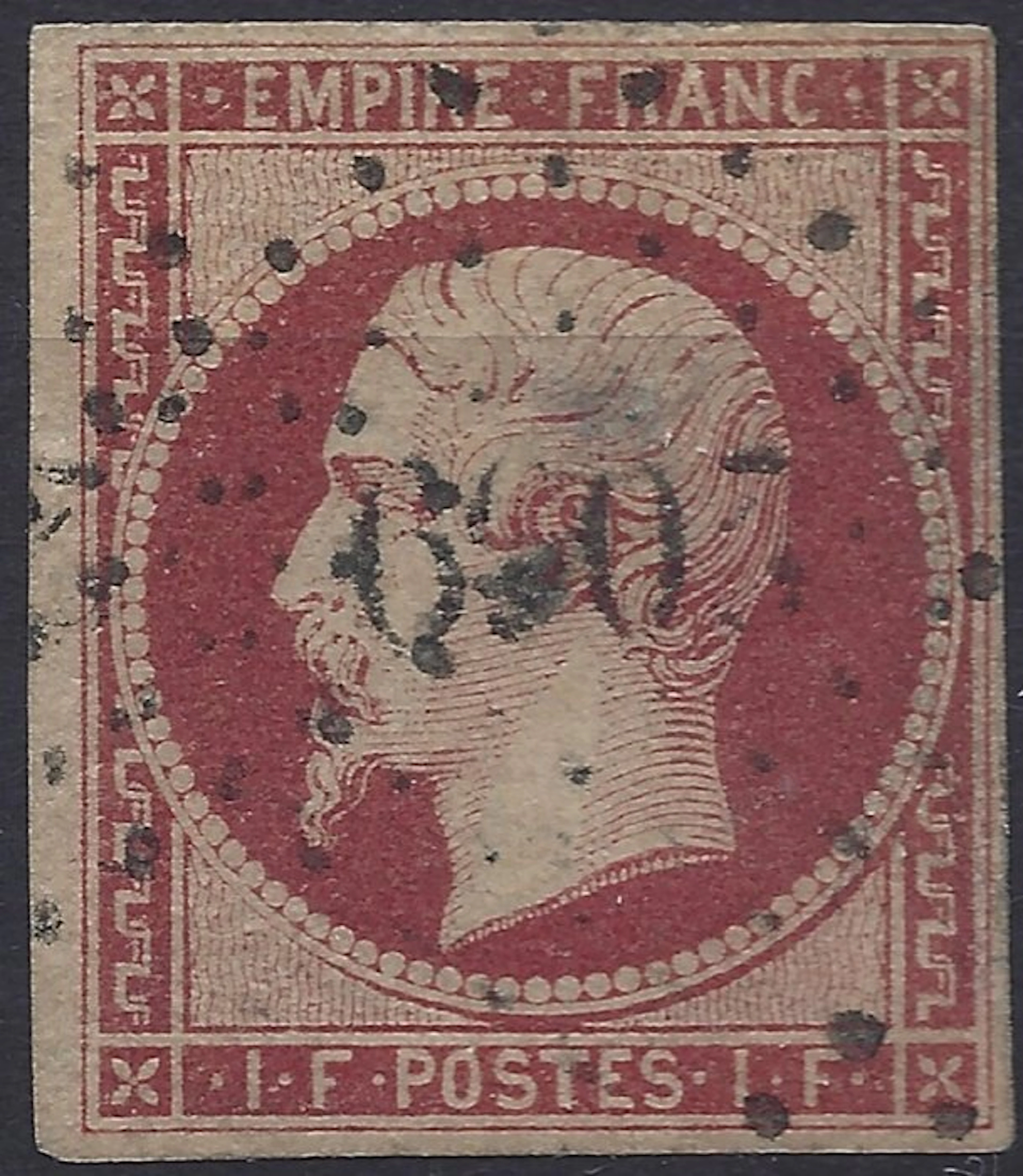 France 1853 - Empire imperforate 1F carmine, cancelled