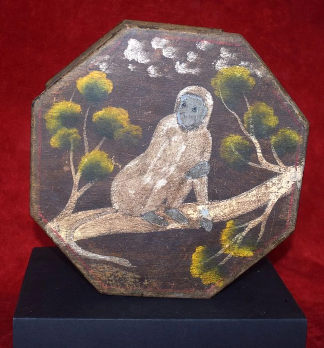Very ancient hardwood jewelry or spice box painted with...