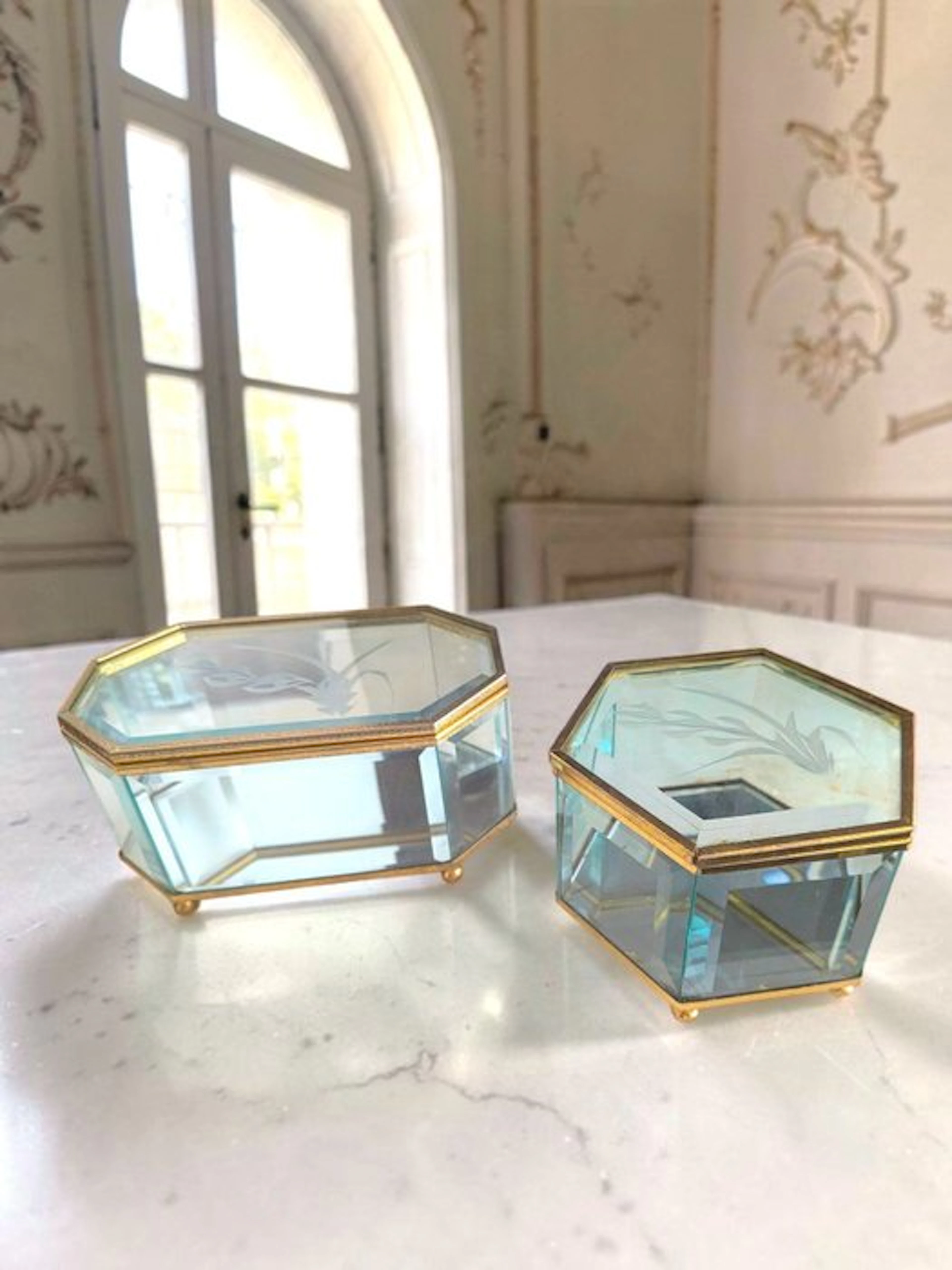 Jewellery box (2) - 1940's - Floral Engraved - Fontana arte - Turqoise - Glass