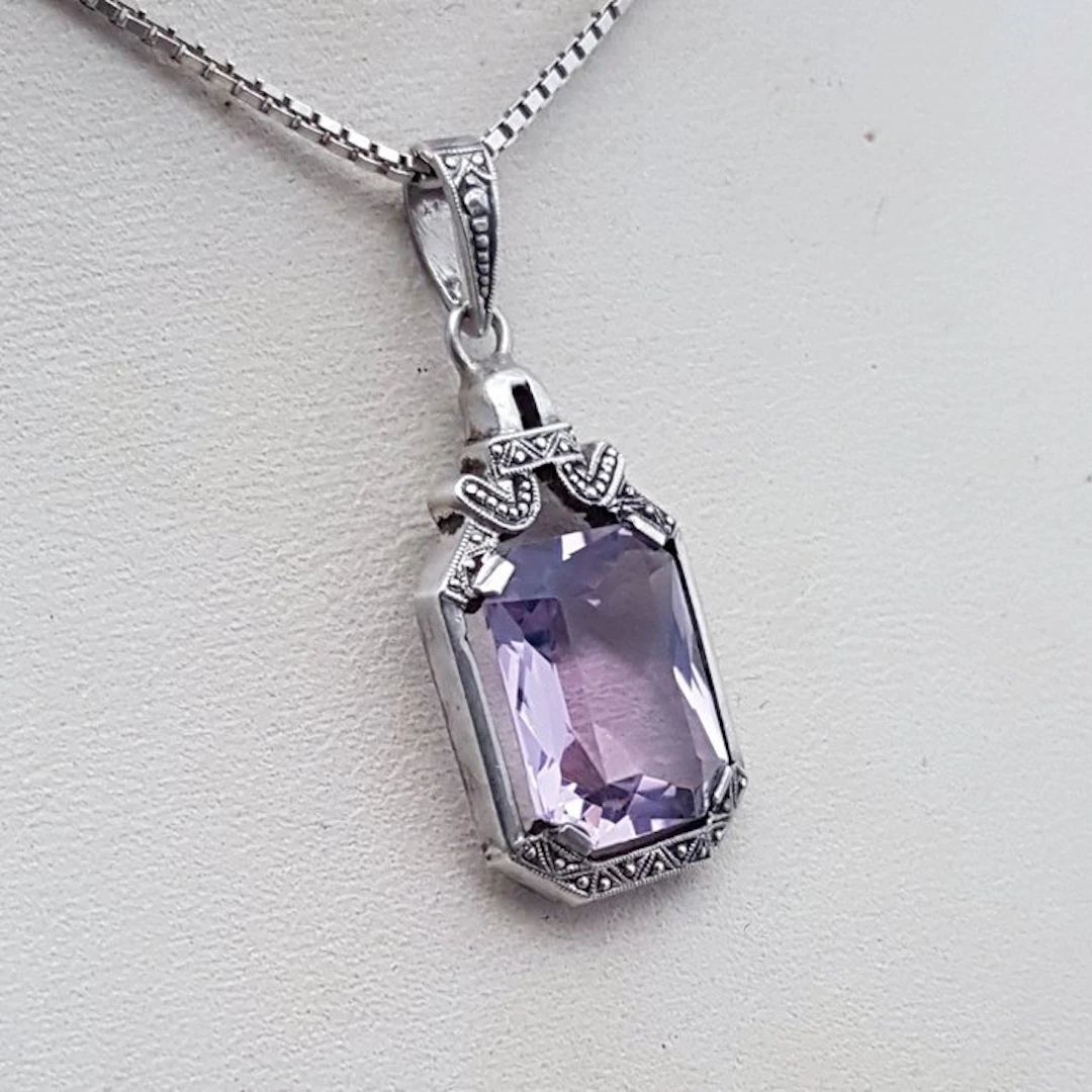 Silver, Art Deco, Amethyst (Tested) - Necklace with pendant