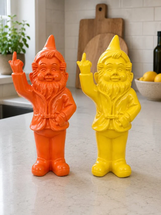 Statue, set of naugthy gnomes color orange yellow - 16 cm - polyresin