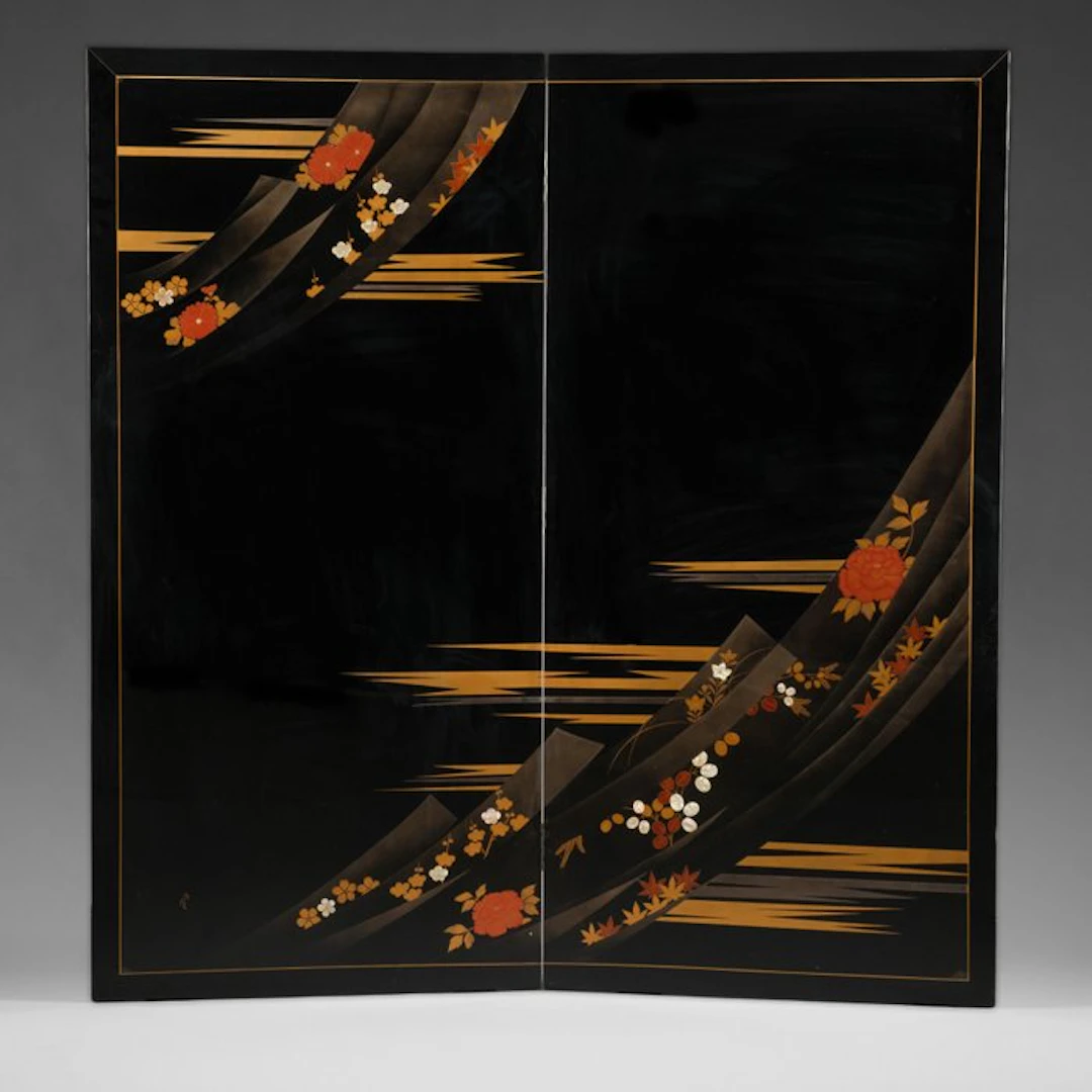 2-panel folding screen with flowers - Lacquered wood