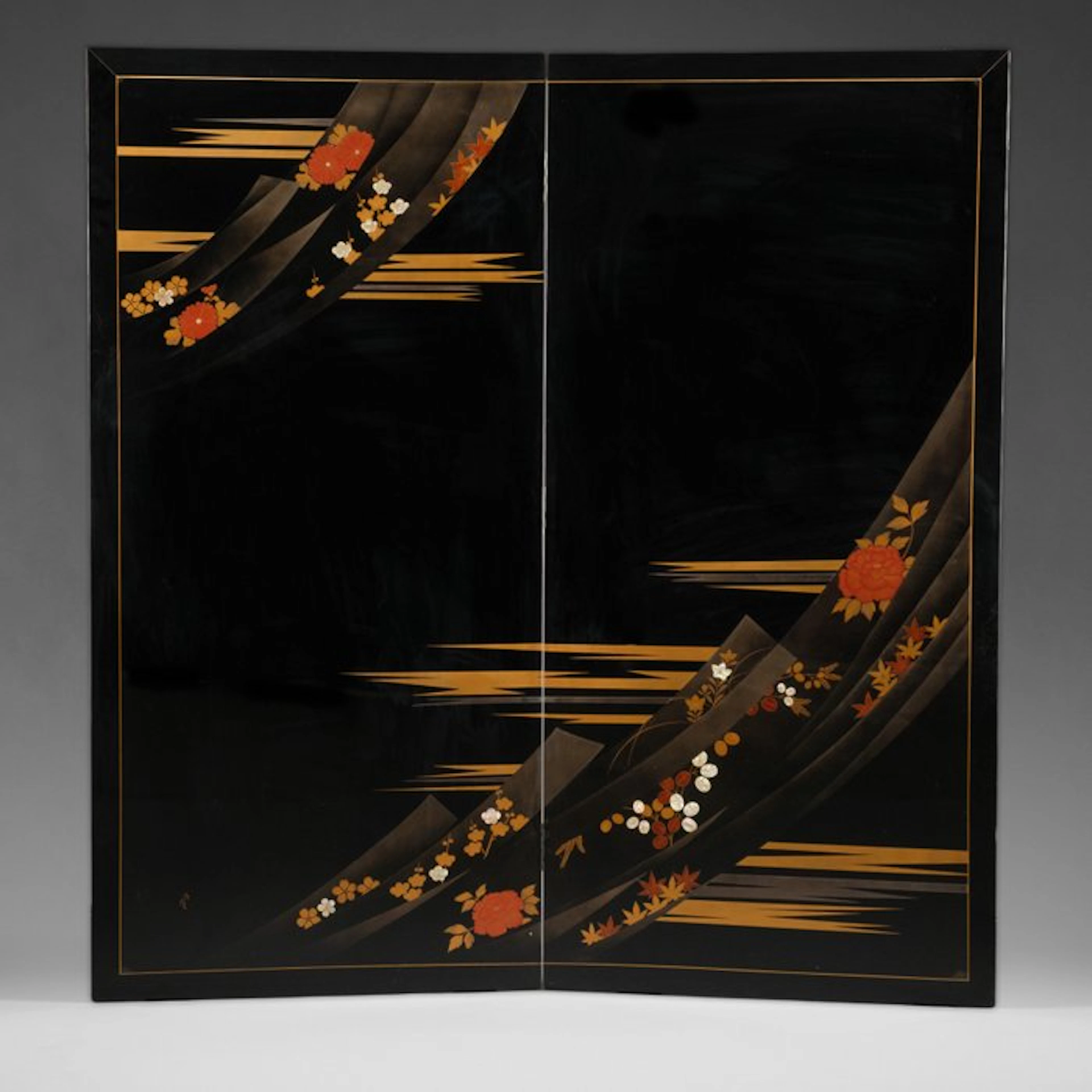 2-panel folding screen with flowers - Lacquered wood