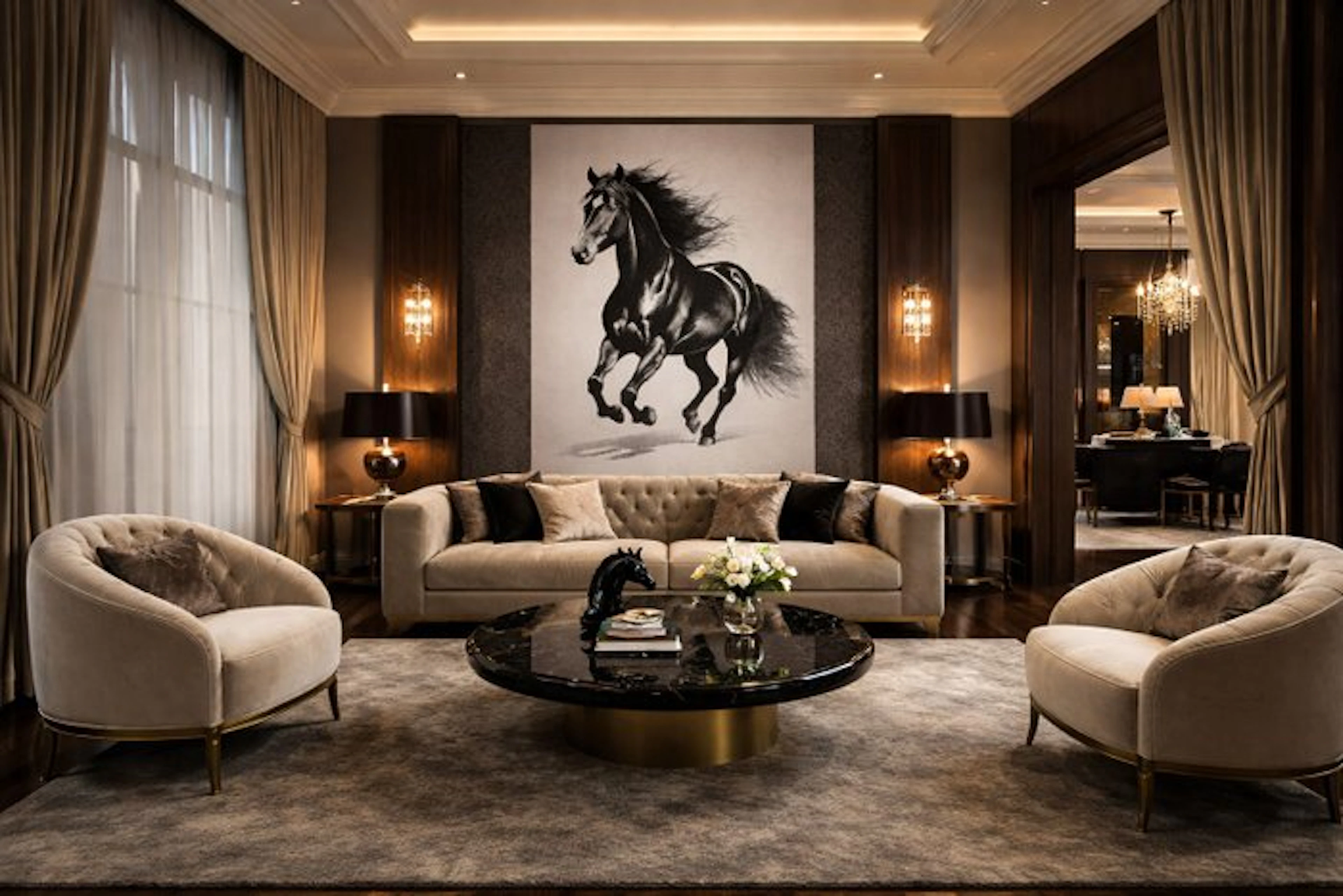 Jacquard-woven tapestry “Le Cheval Noir” featuring a...