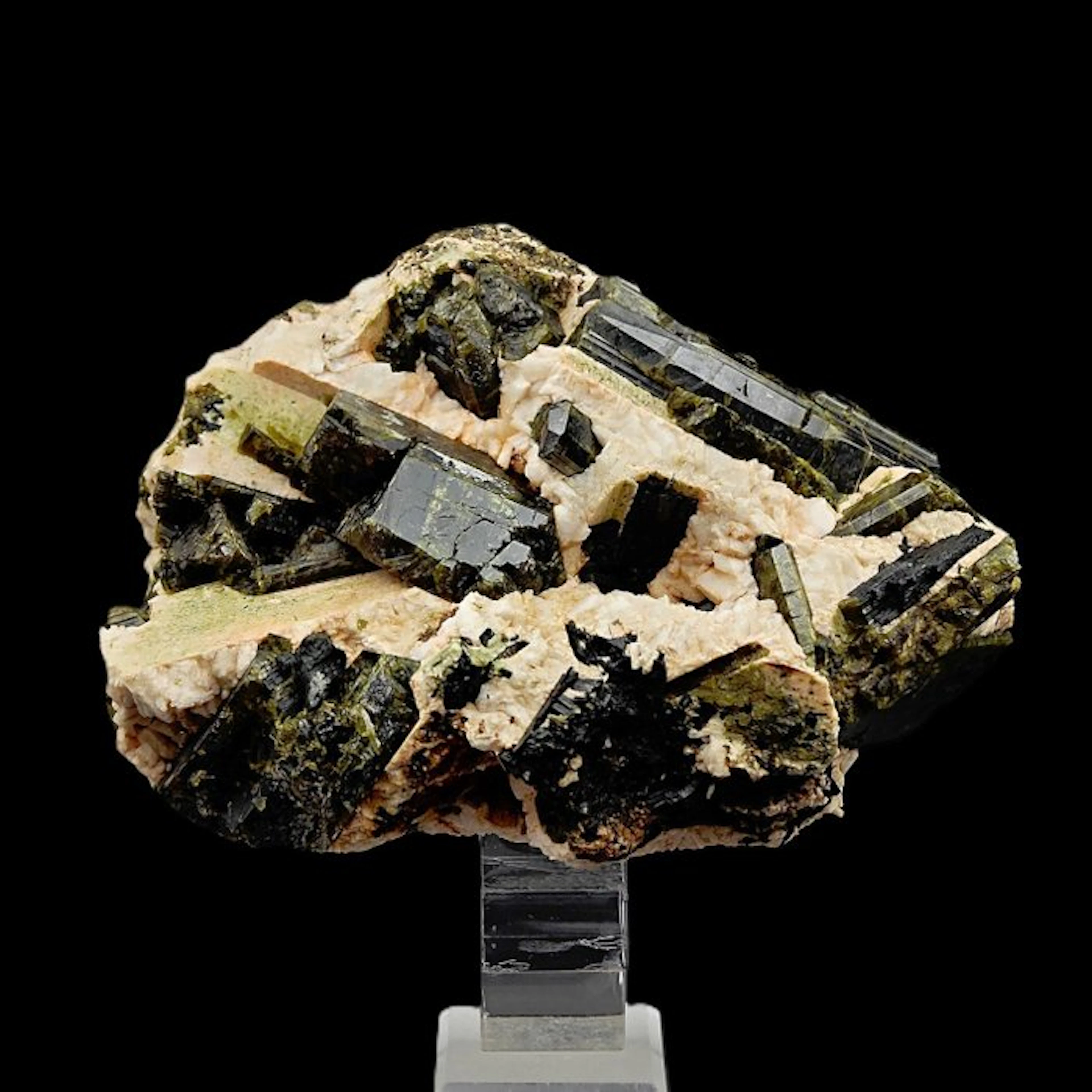 RARE CRYSTALS of INTENSE GREEN EPIDOTE on ORTHOCLASE