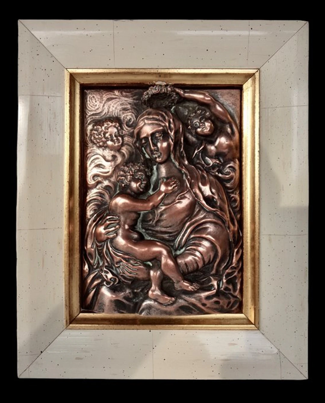 Bronze plaquette in high relief - Mary with Child - Antique - Bronze