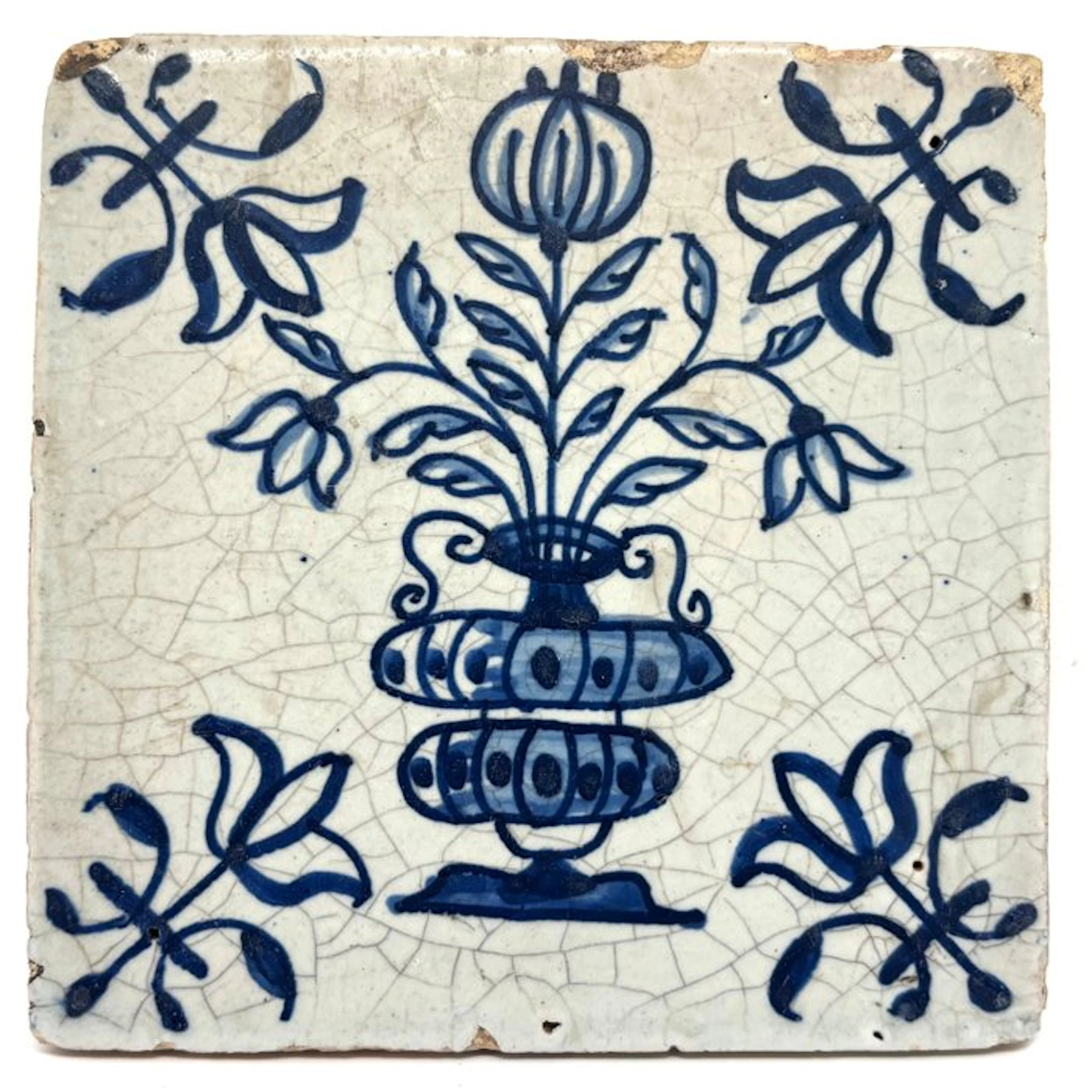 Antique Tile - Antieke Delftsblauwe tegel met bloemenvaas...