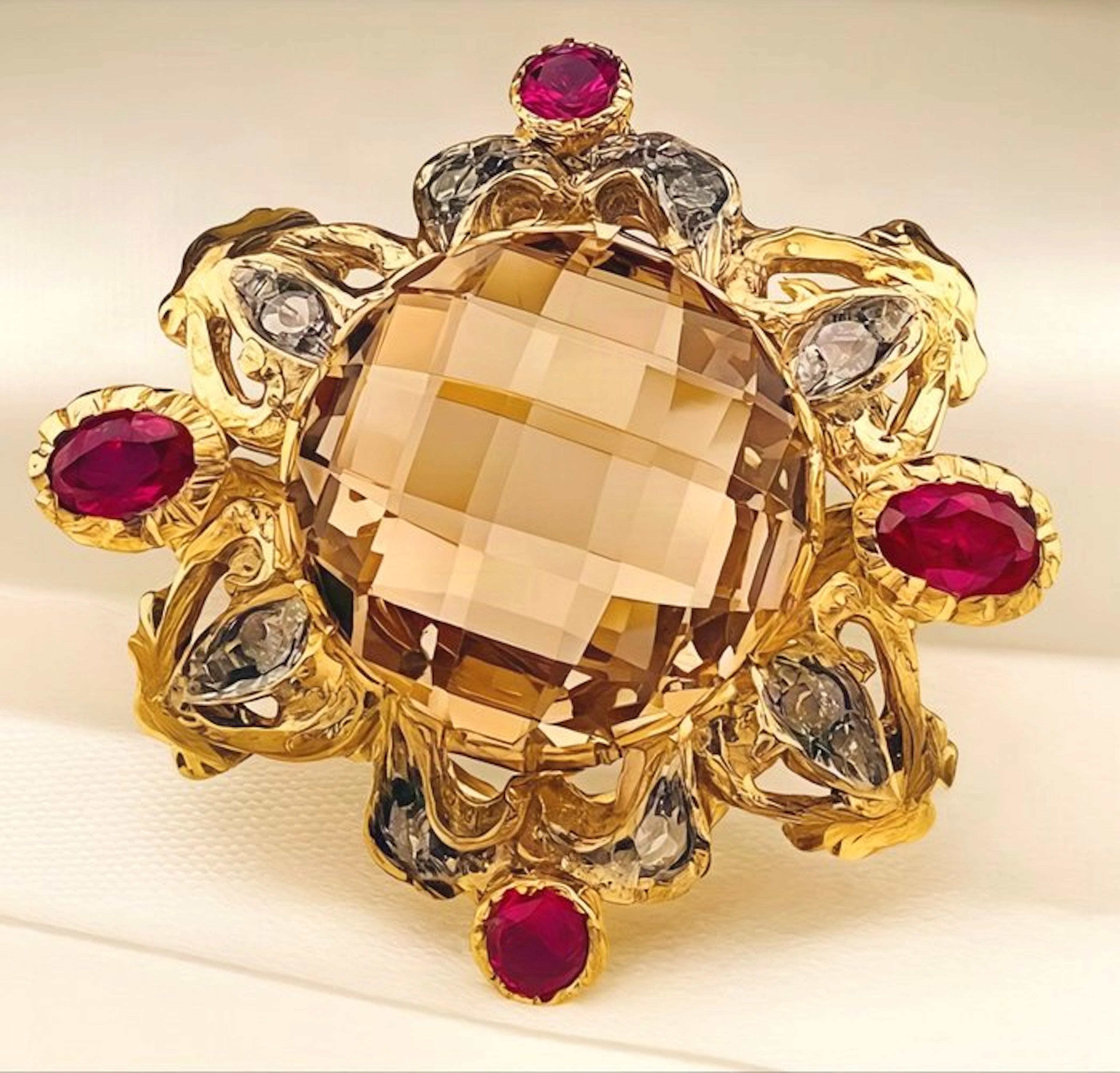 No reserve price - Ring - 9 kt. Yellow gold, Silver Quartz - Diamond