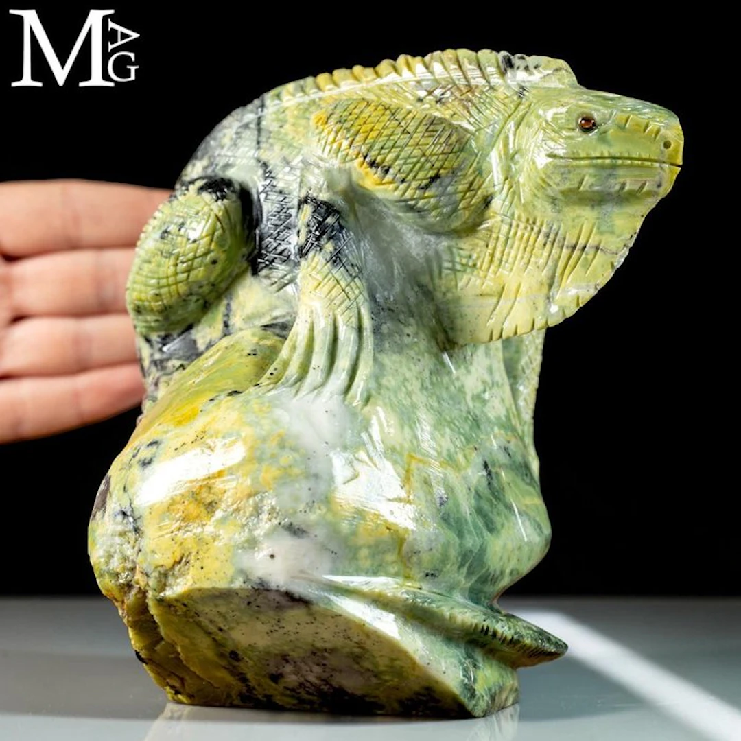 Masterfully Carved Serpentinite Iguana Sculpture...