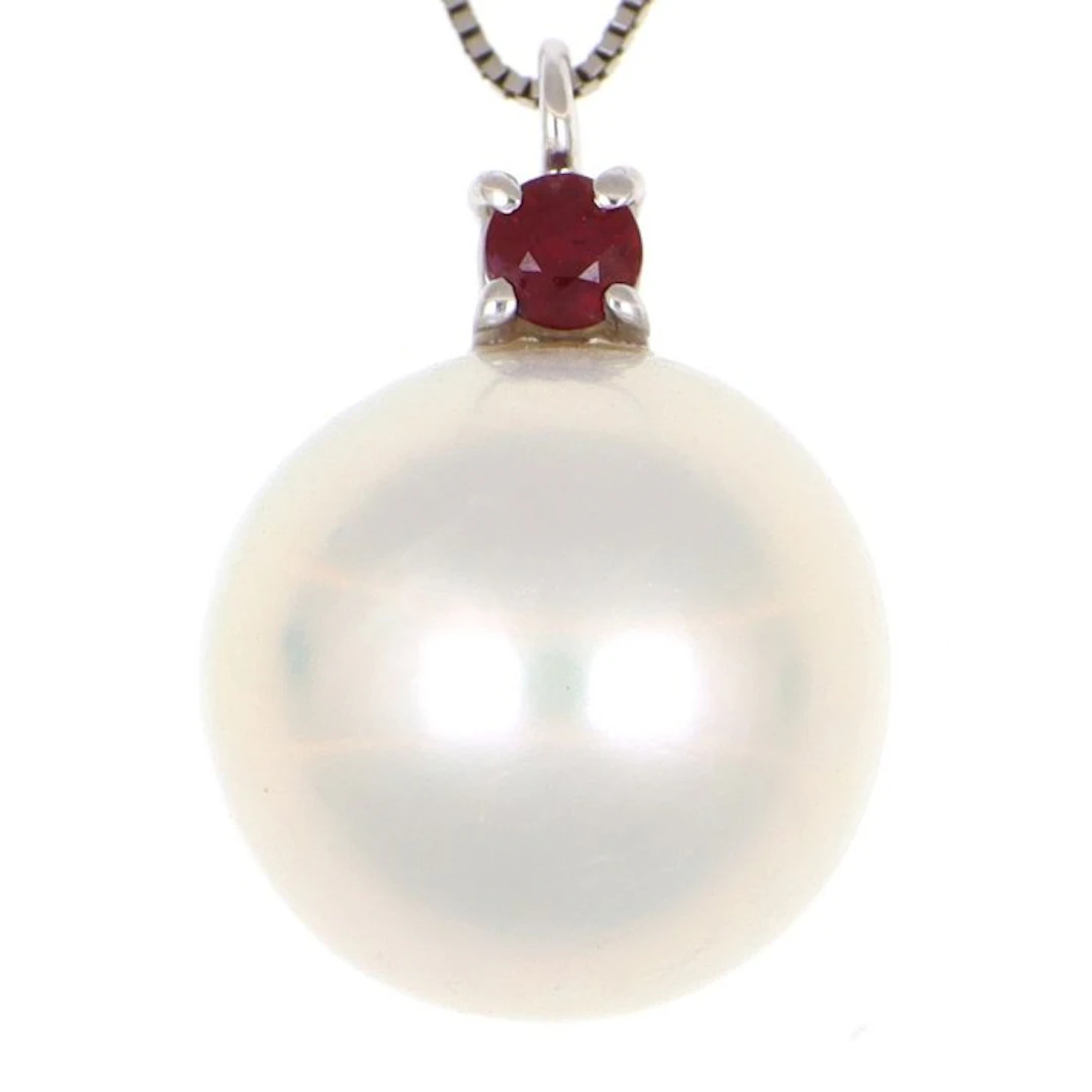 No reserve price - Necklace with pendant - 18 kt. White gold Ruby - Pearl