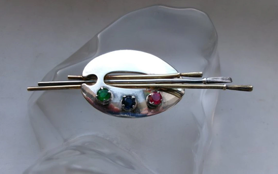 Silver, Ruby - Sapphire - Brooch - Art Deco Style