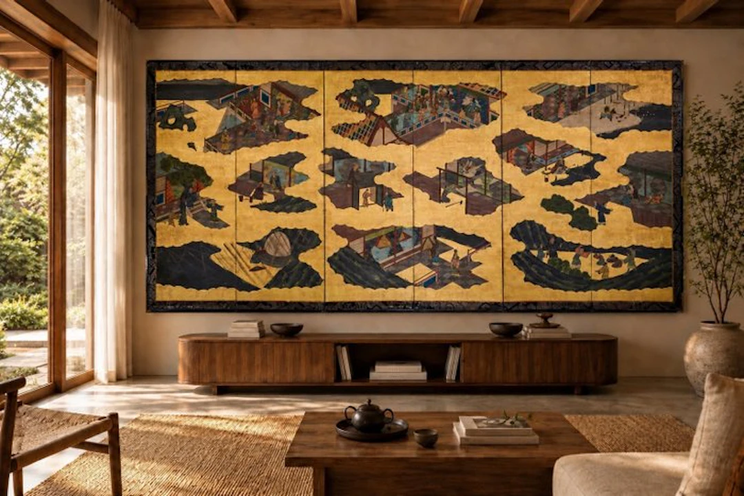 A gold leaf six-panel byobu folding screen with narrative scenes - Paper