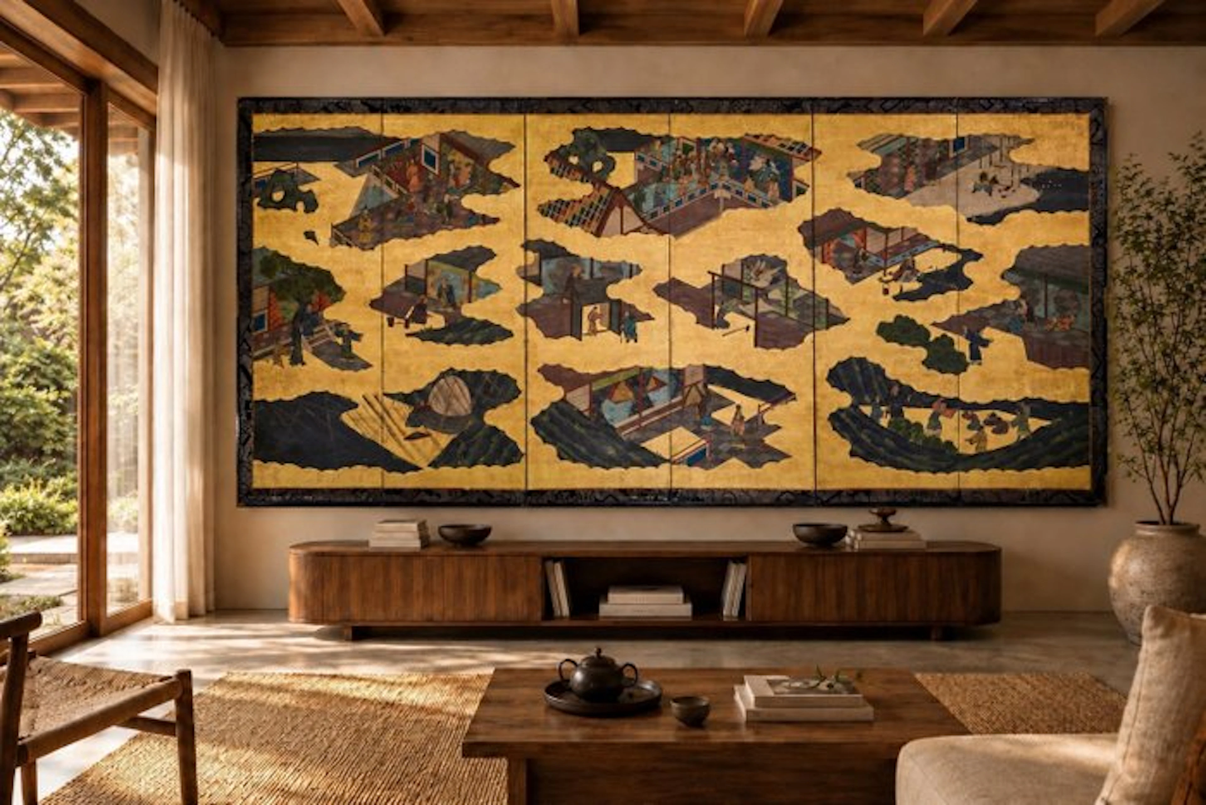 A gold leaf six-panel byobu folding screen with narrative scenes - Paper