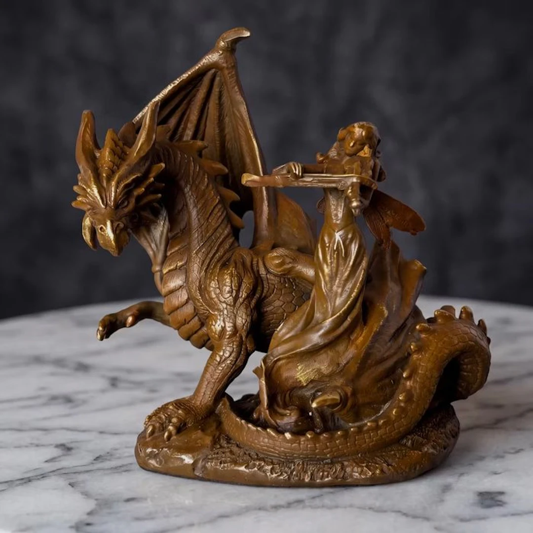 Statue, Fee met draak - 17 cm - Bronze