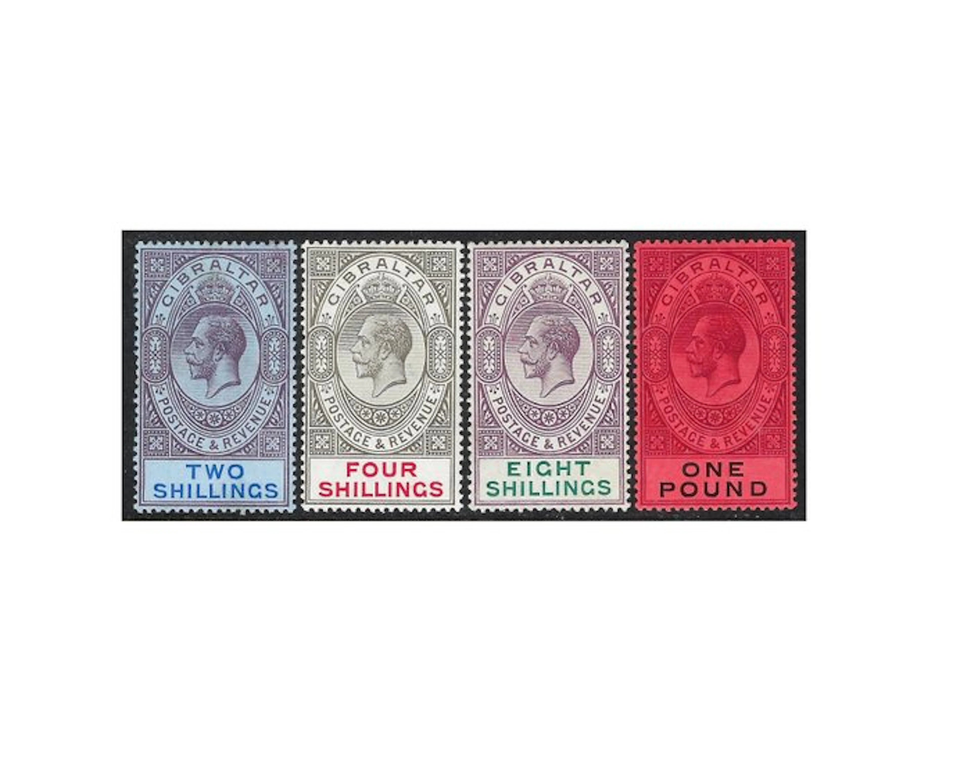 Gibraltar 1912/24 - King George V stamps 2s to £1 - Stanley Gibbons Nº 82/85
