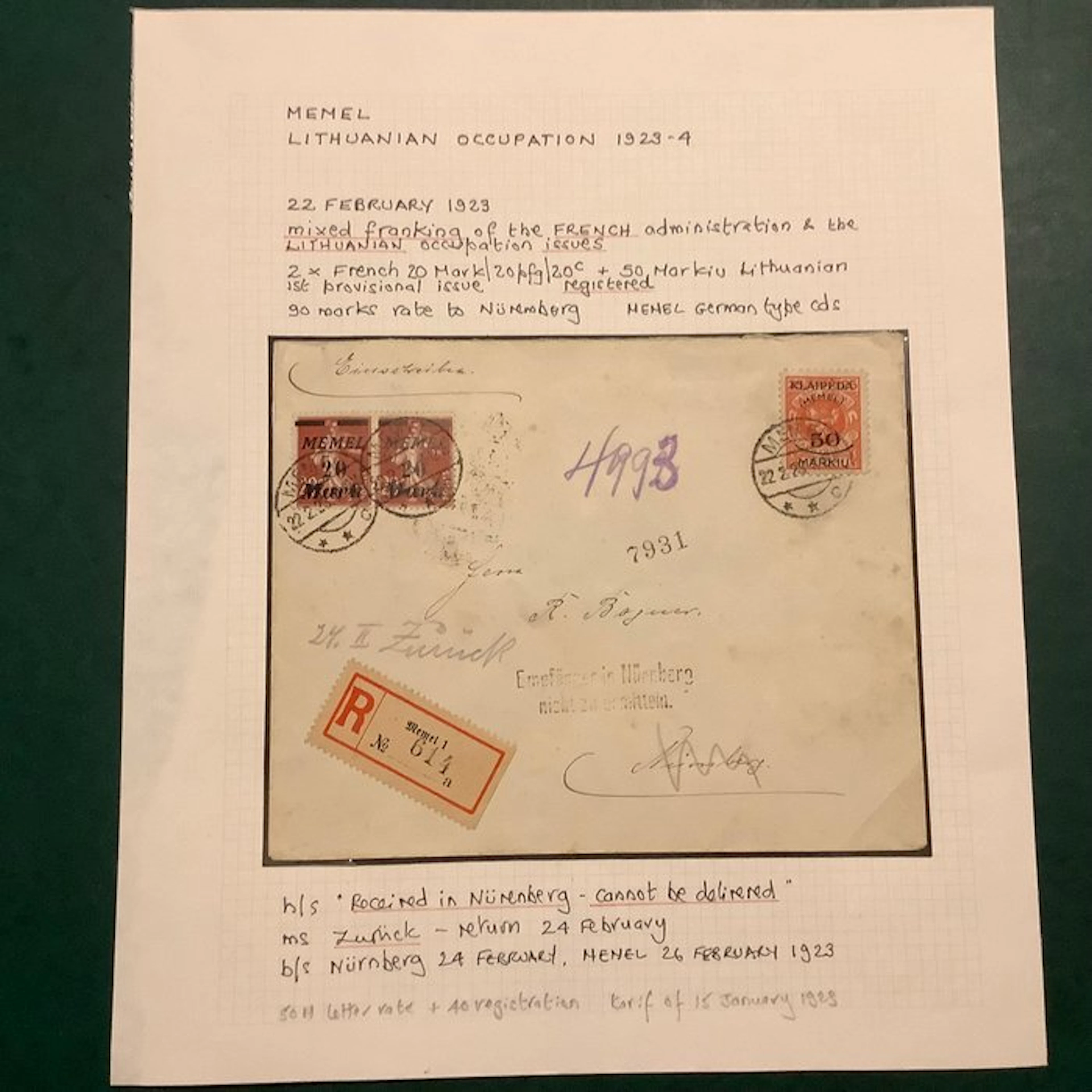 Memel 1923 - Mixed franking Frans Memel and Klaipedia and...