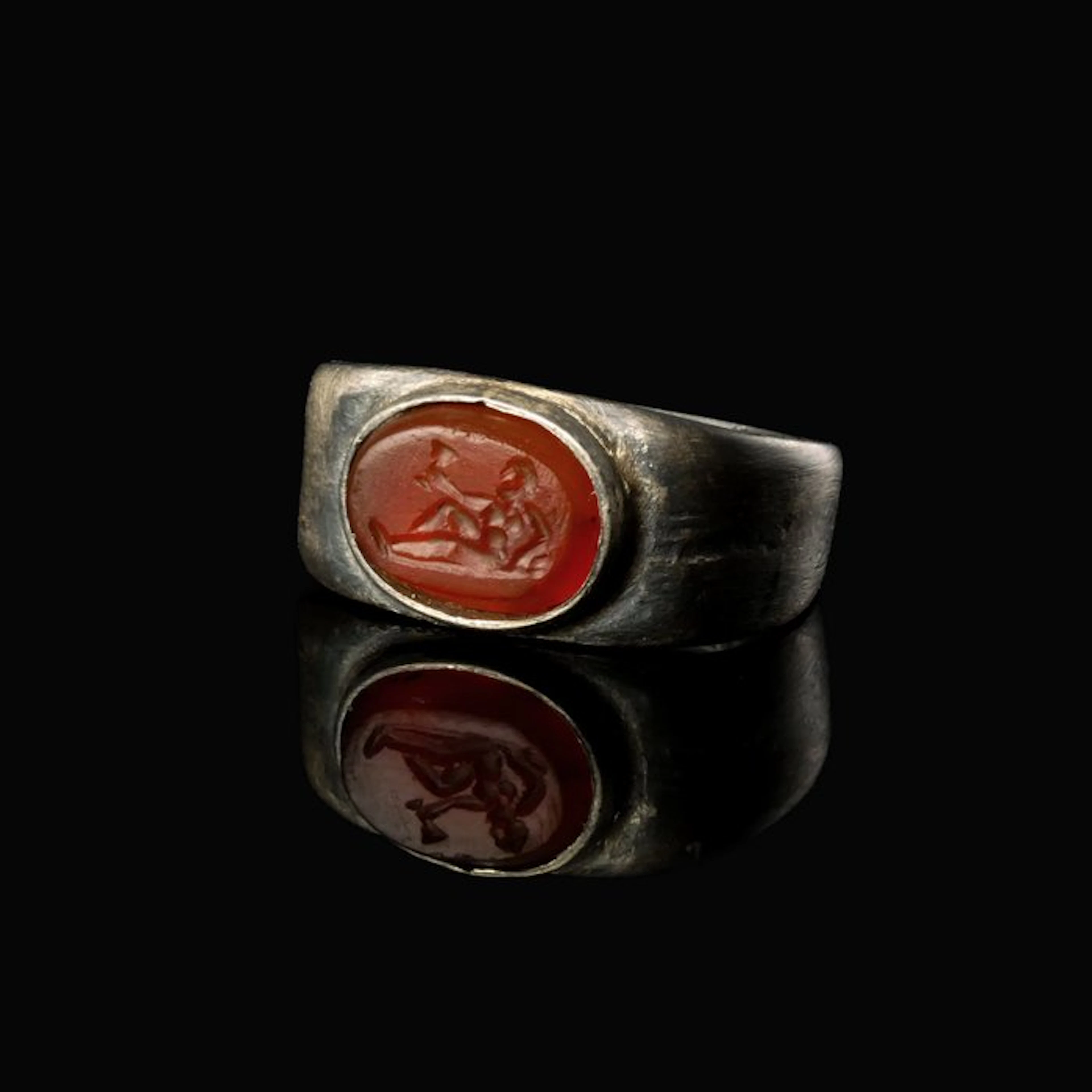 Ancient Roman Silver Seal Ring with Carnelian Bacchus Intaglio