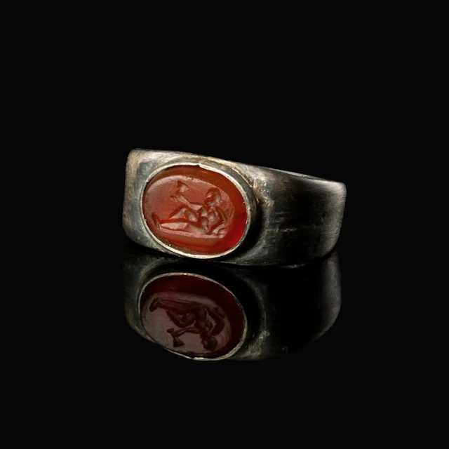 Ancient Roman Silver Seal Ring with Carnelian Bacchus Intaglio