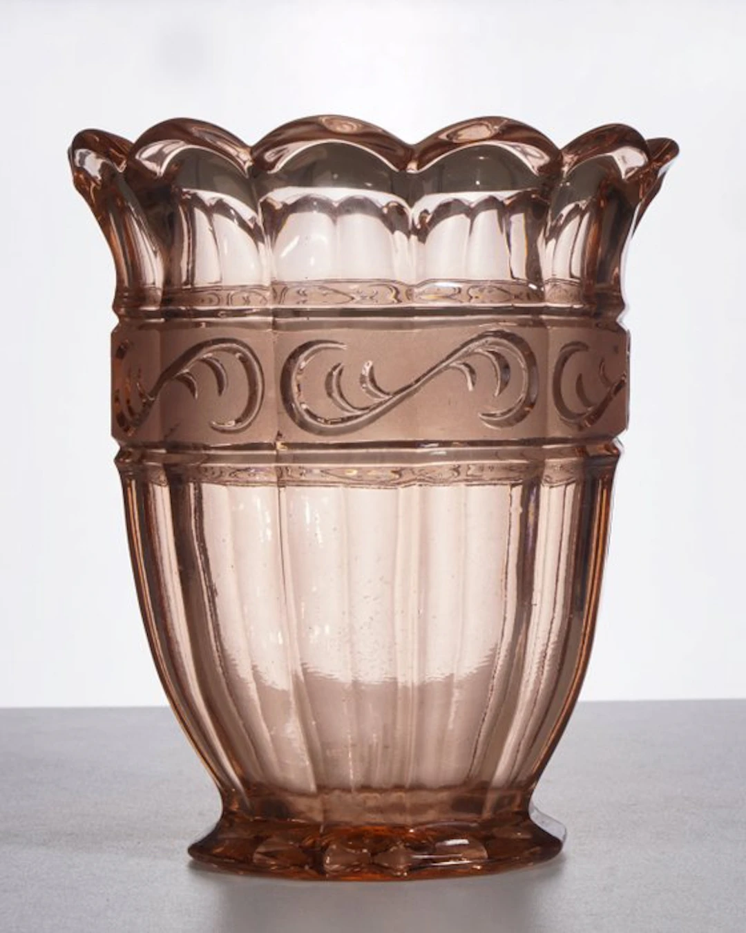 Vase - Rosaline glass • twelve-sided • satin floral roll-work band • ca