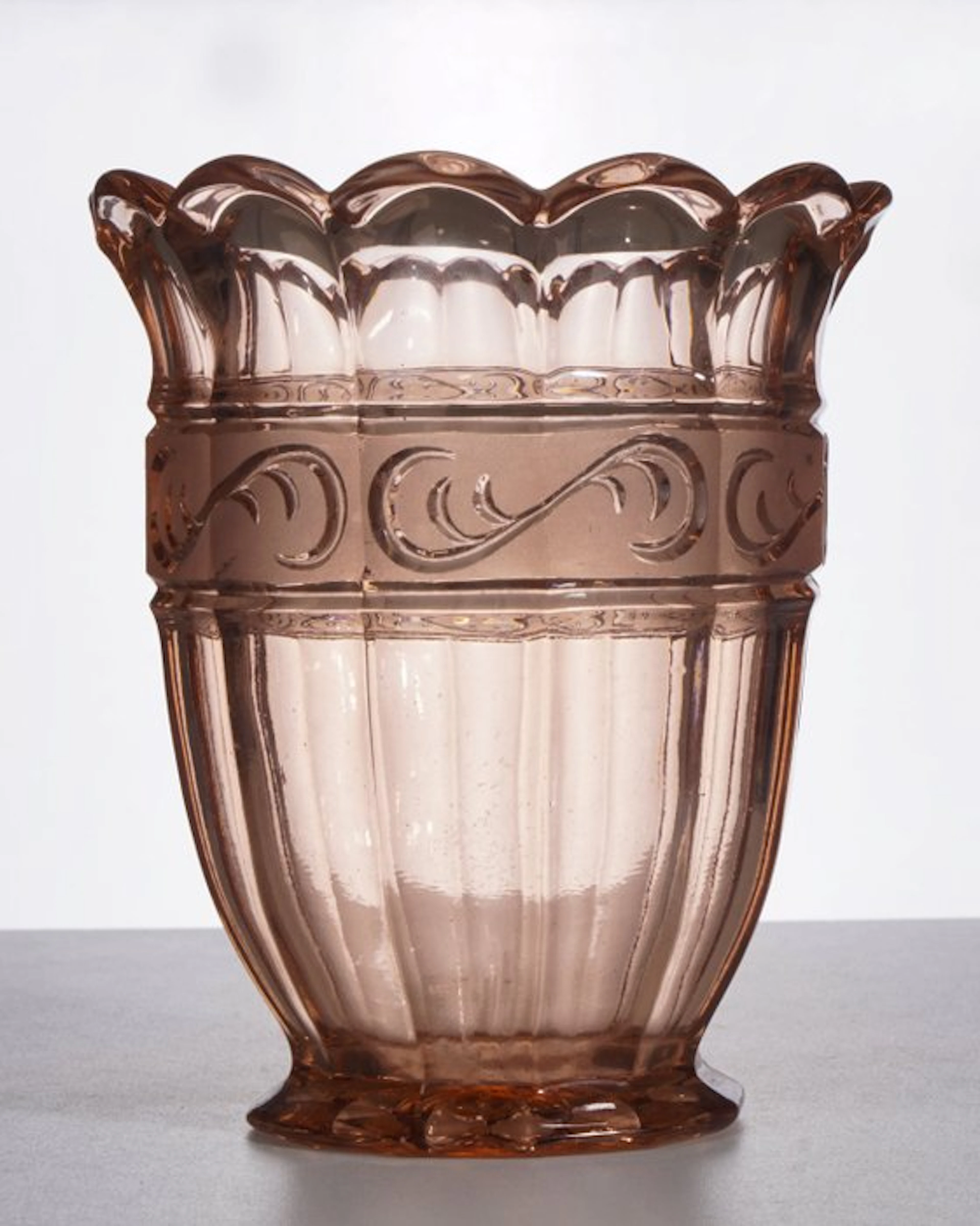 Vase - Rosaline glass • twelve-sided • satin floral roll-work band • ca