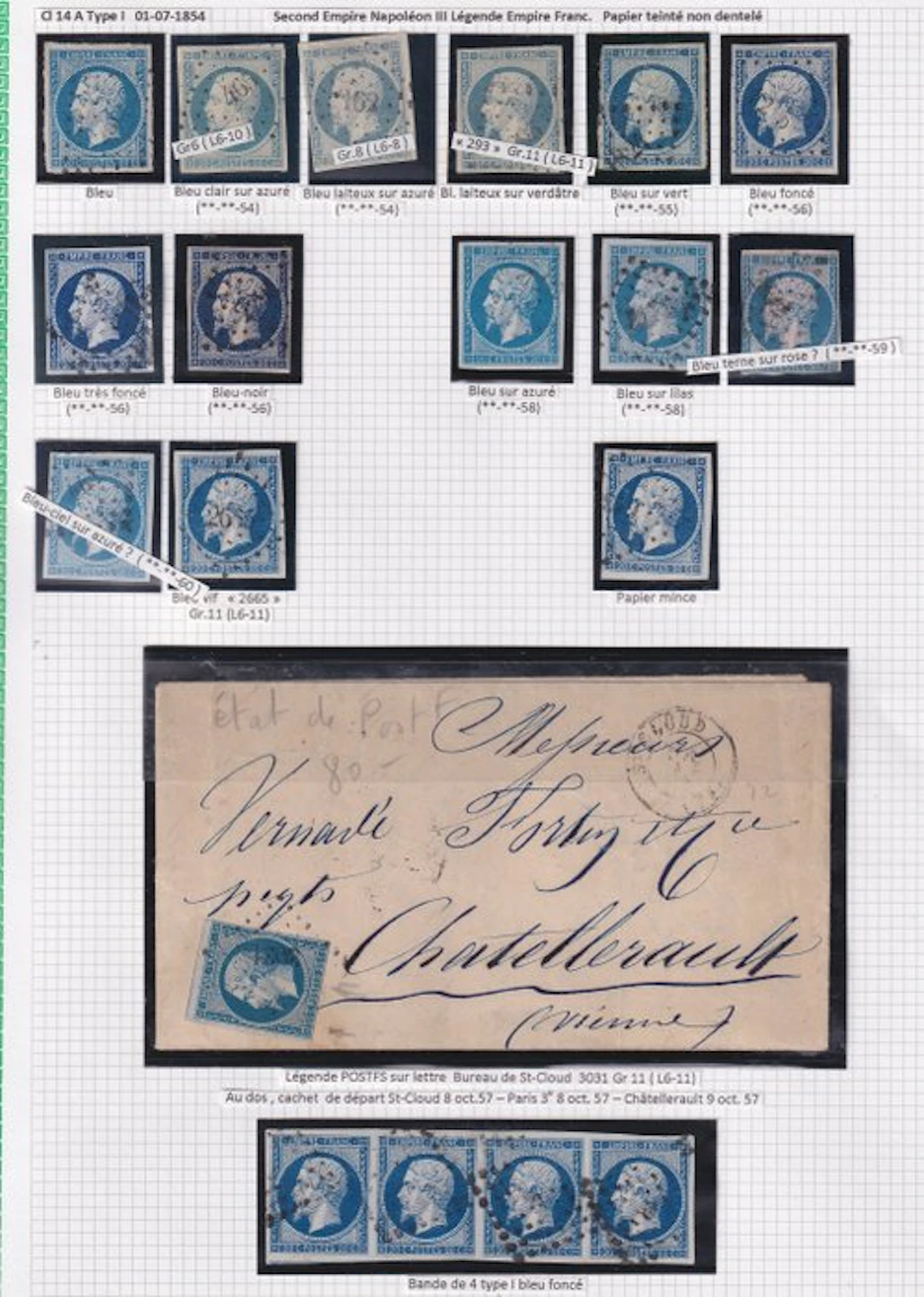 France 1854 - superbe collection avec variété POSTF - Yvert n°14A