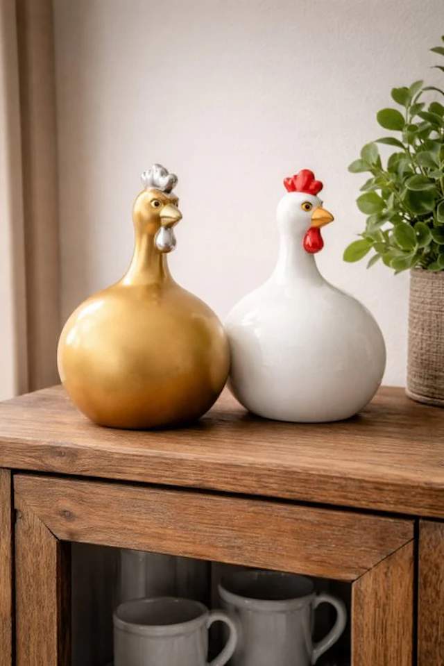 Statue, set of 2 balloon chickens - 23 cm - polyresin