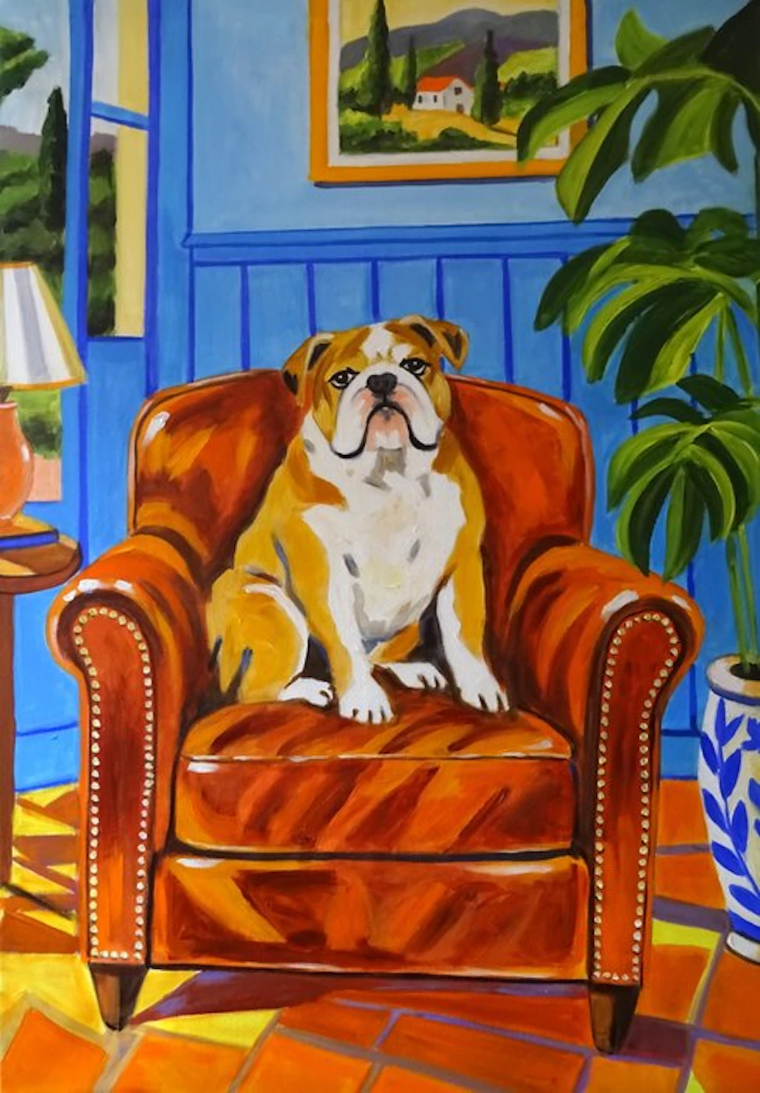 Corina Schroeder - Bulldog on a leather sofa XL