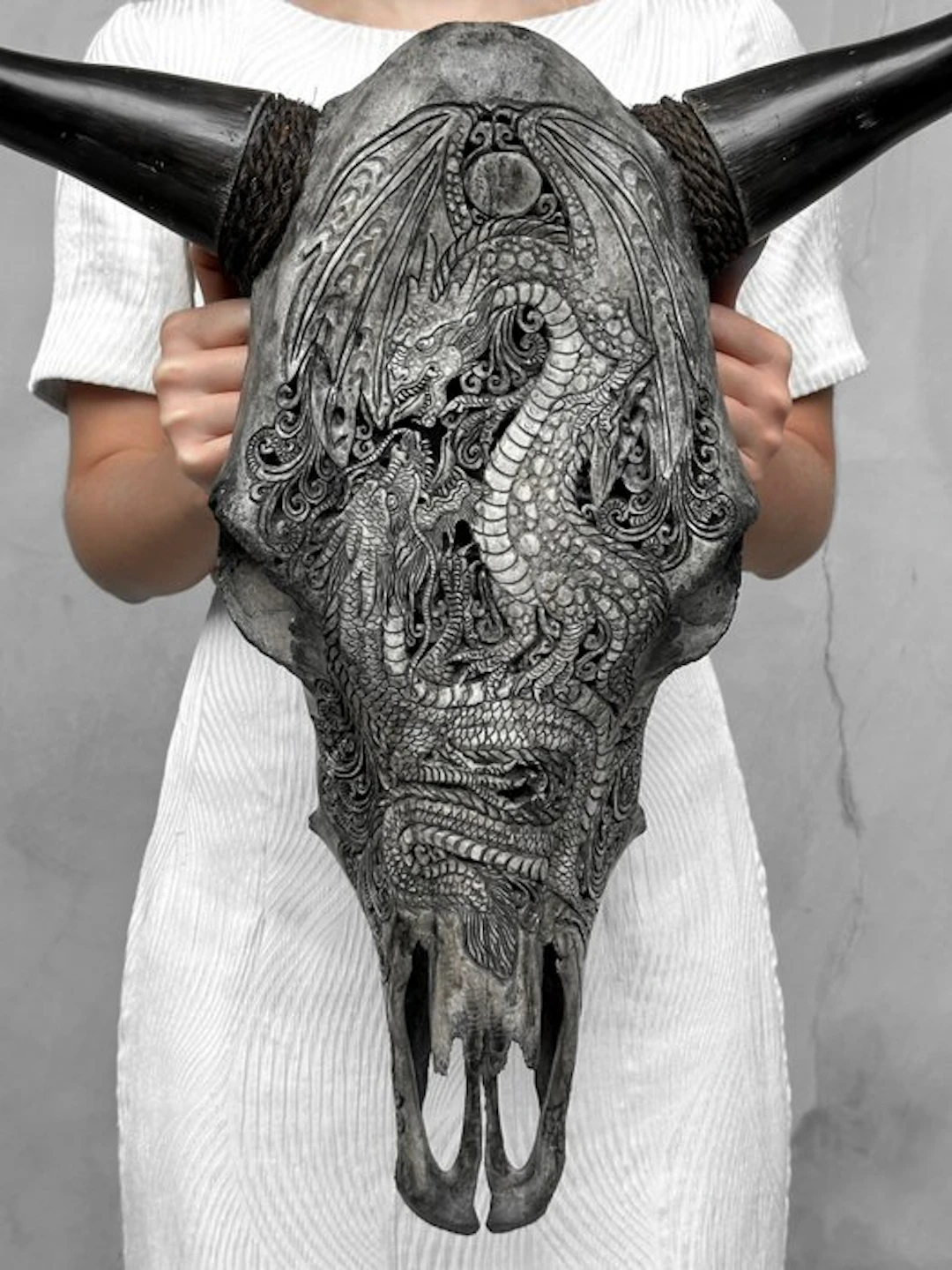 Authentic Large Grey Hand-Carved Bull Skull - Double...